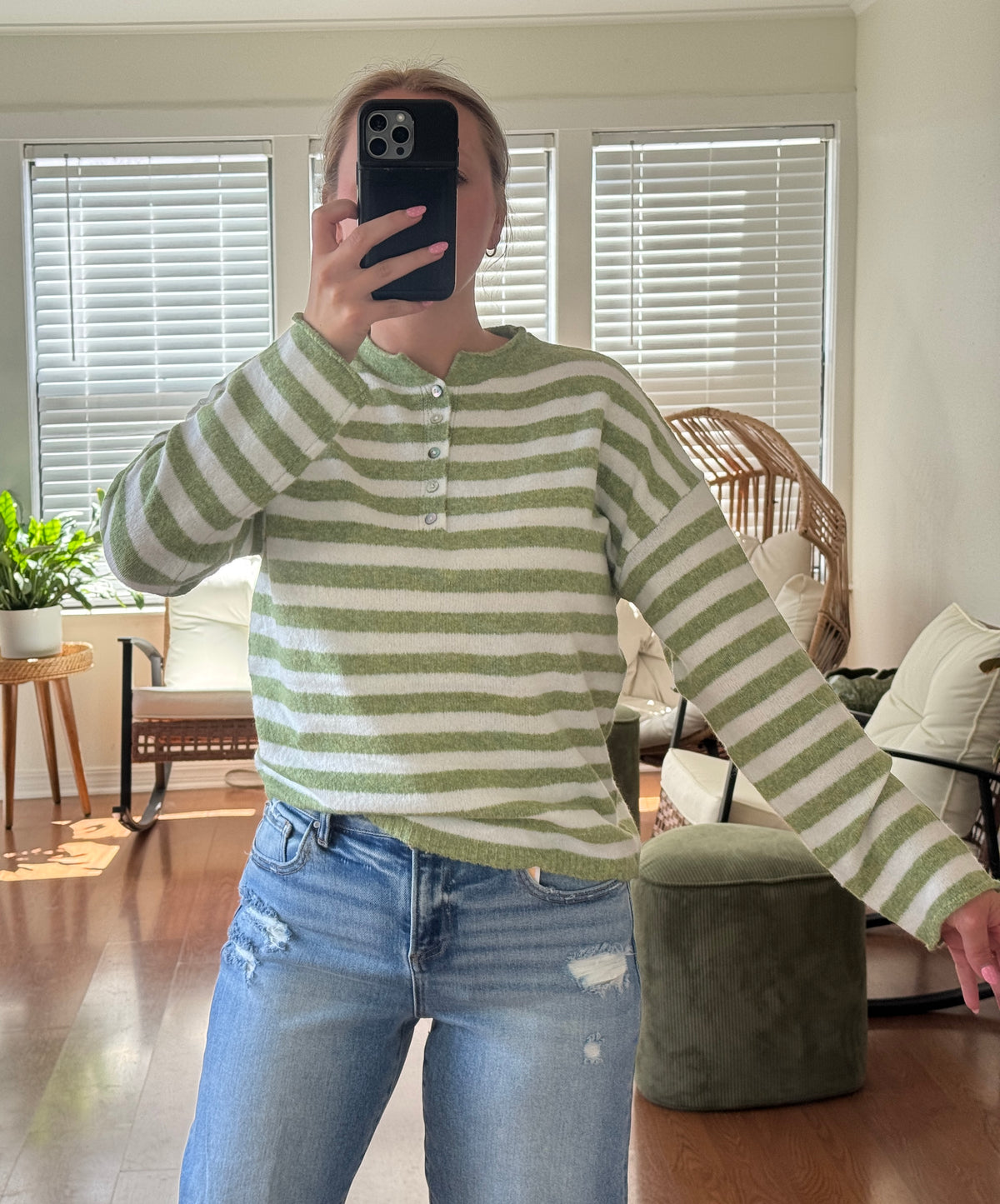 Striped Henley Button Sweater - Green
