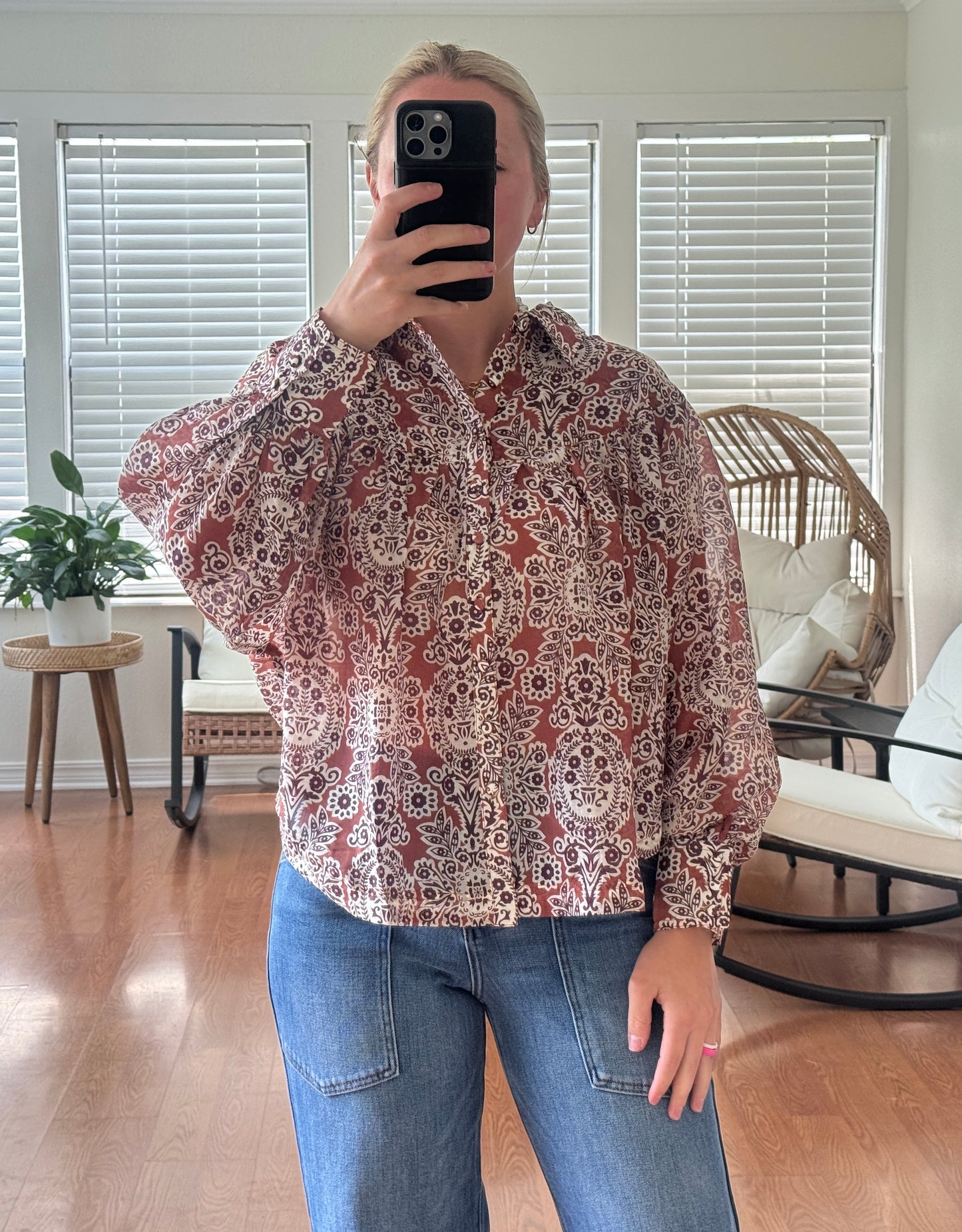 Bohemian Sheer Button Down Blouse - Brown