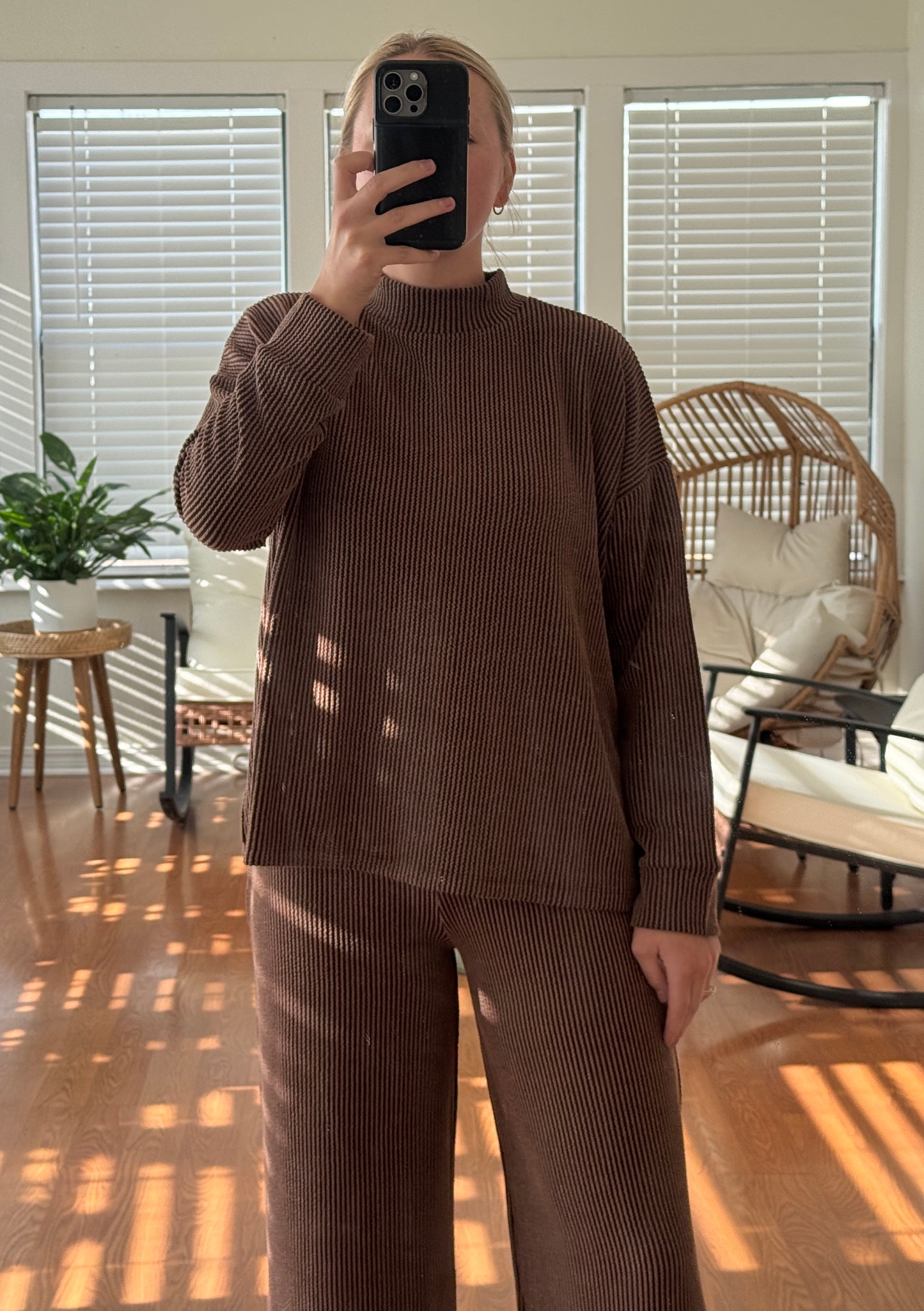 Ribbed Pants L/S Matching Set - Brown