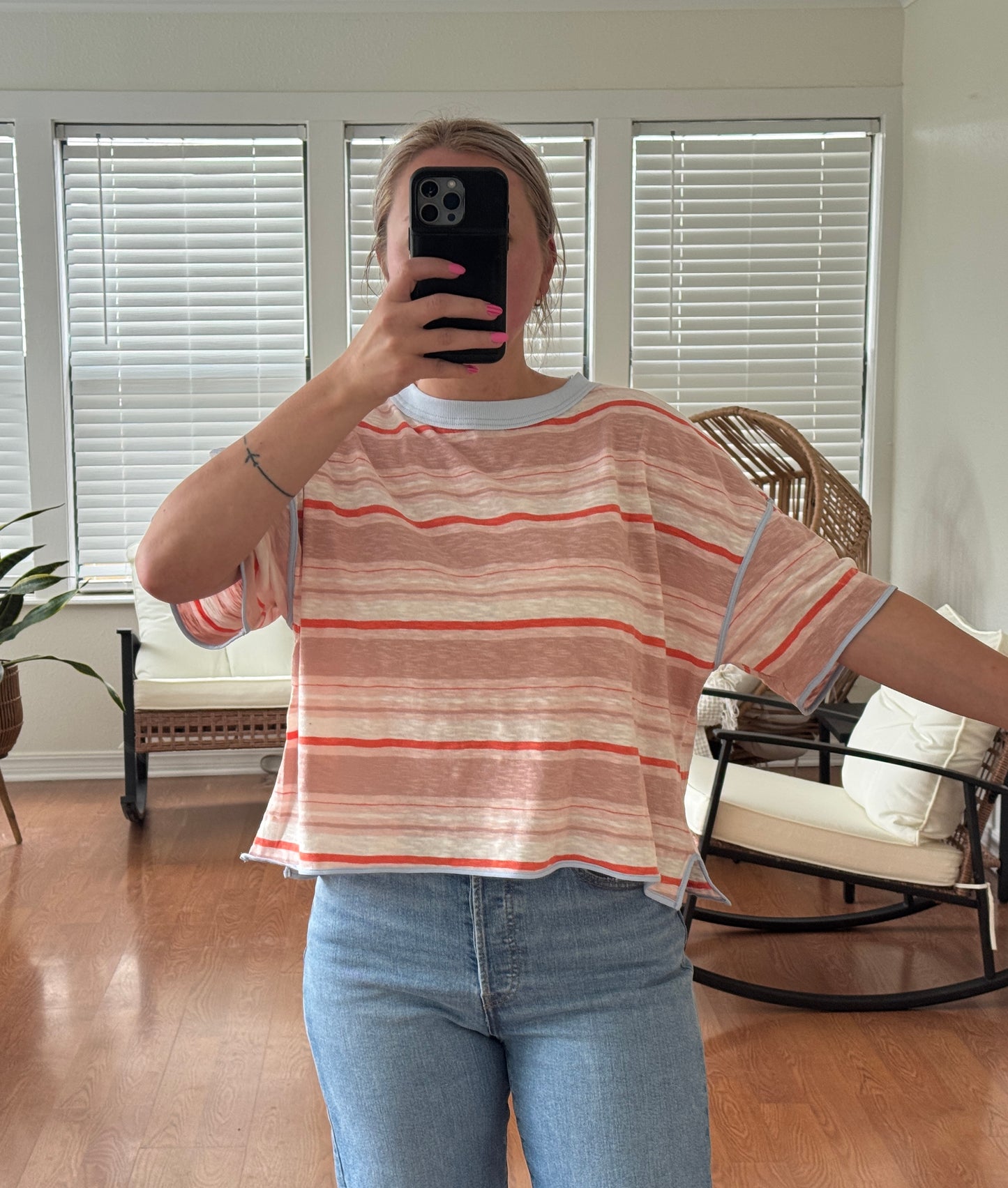 Striped Boxy Short Sleeve Tee - Coral + Blue