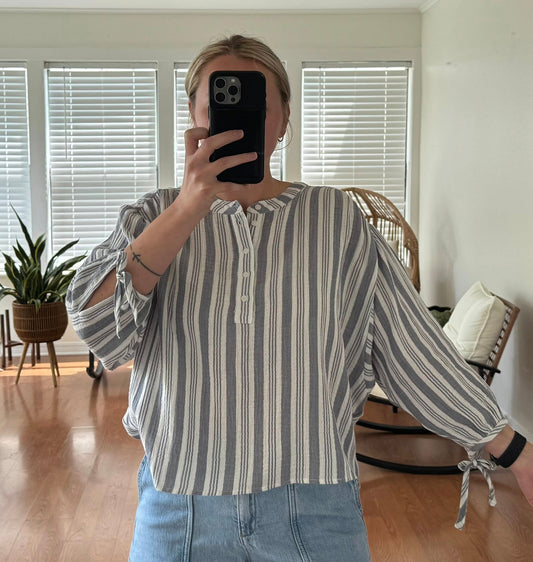 Striped 3/4 Sleeve Cotton Blouse - Blue + White