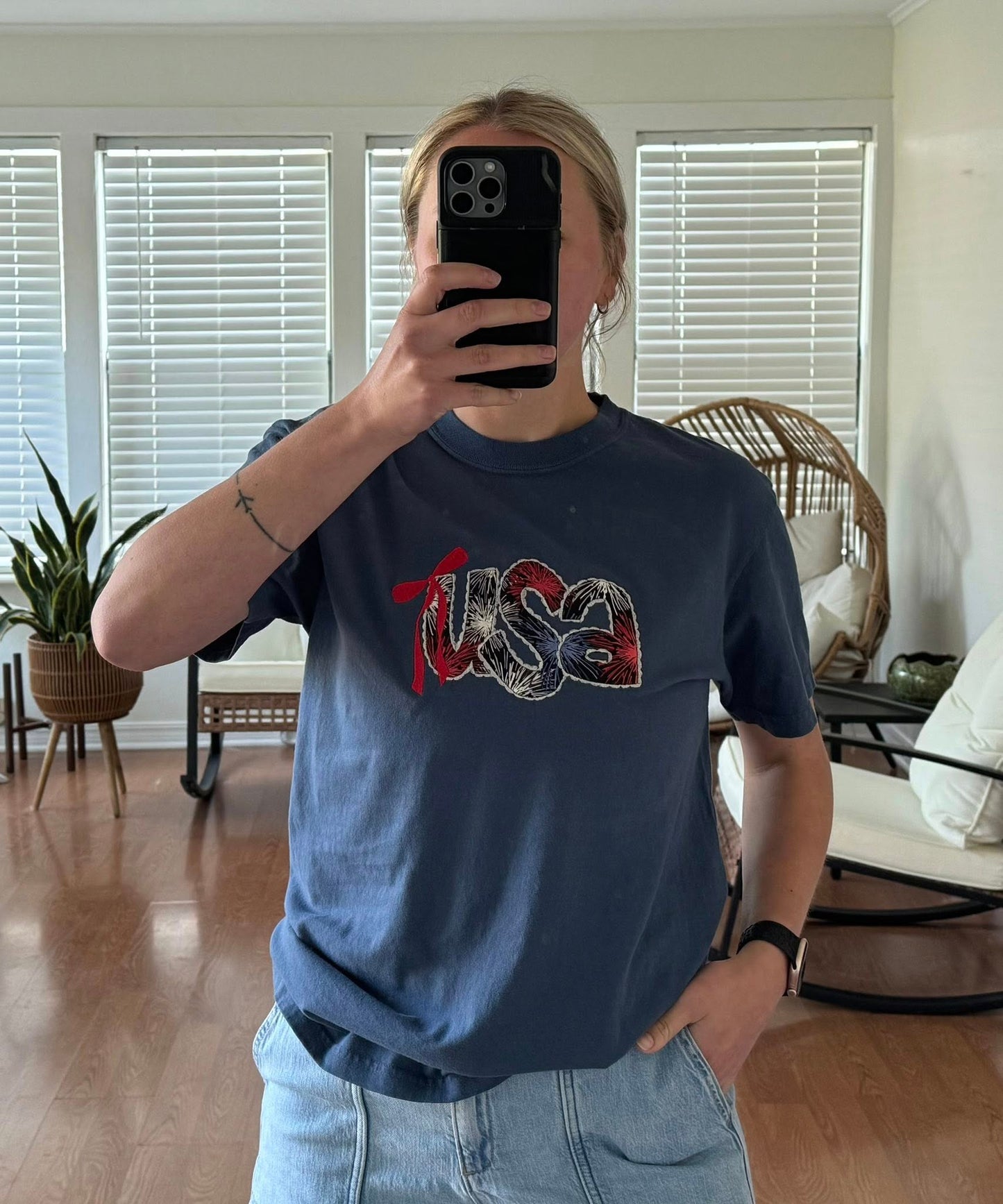 Fireworks "USA" Applique Tee -  Navy Blue