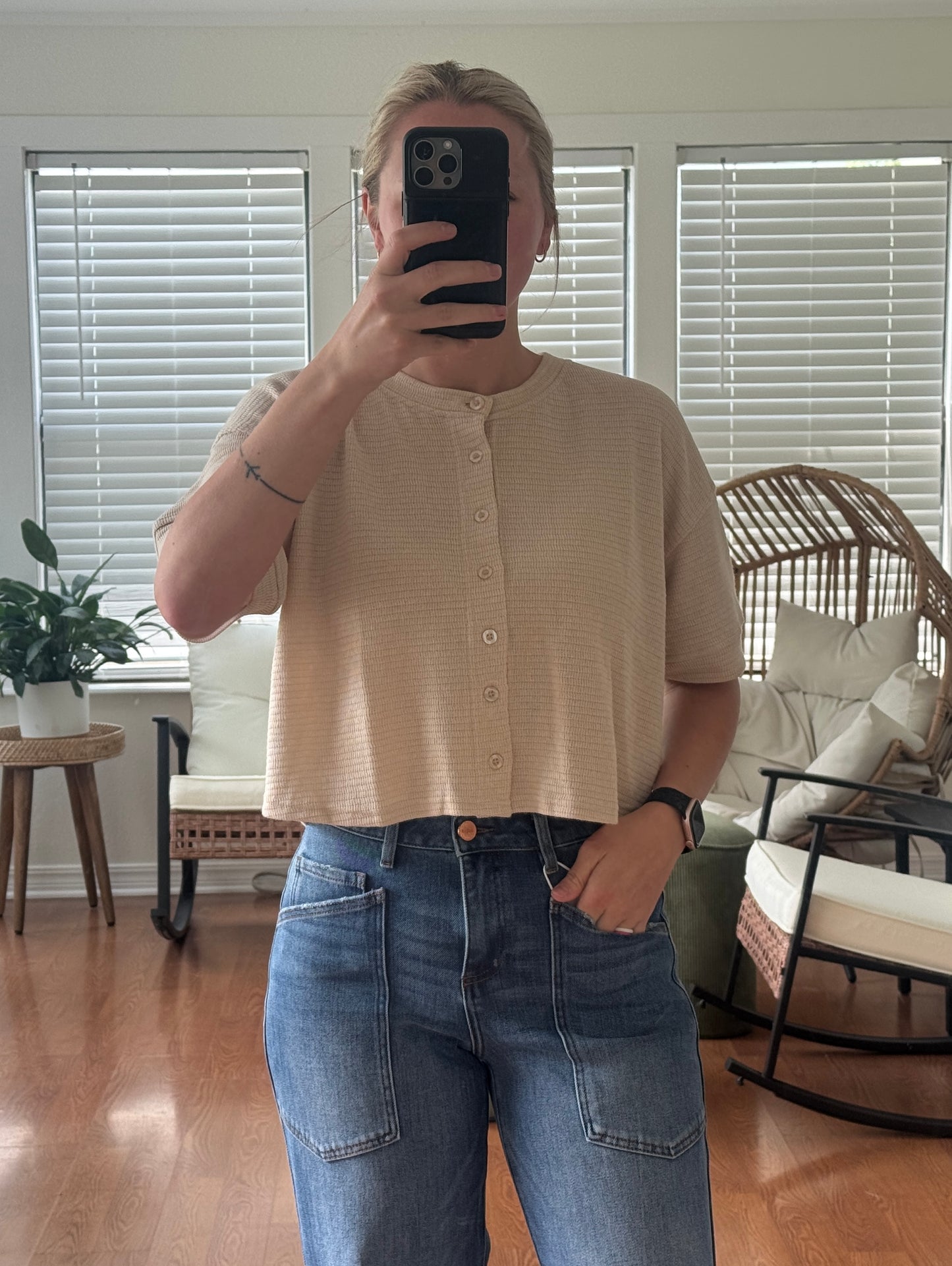 Short Sleeve Button Front Cardigan - Beige