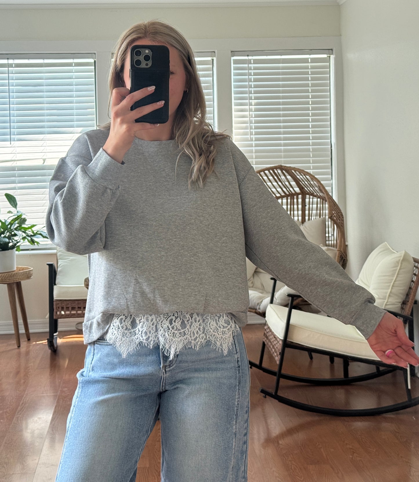 Crewneck Sweatshirt w/ Lace Hem - Gray