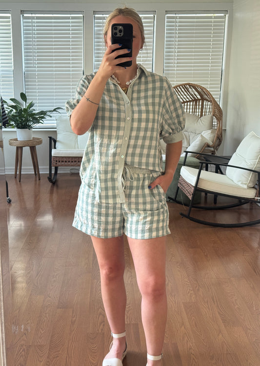Checkered Blouse & Short Set - Sage