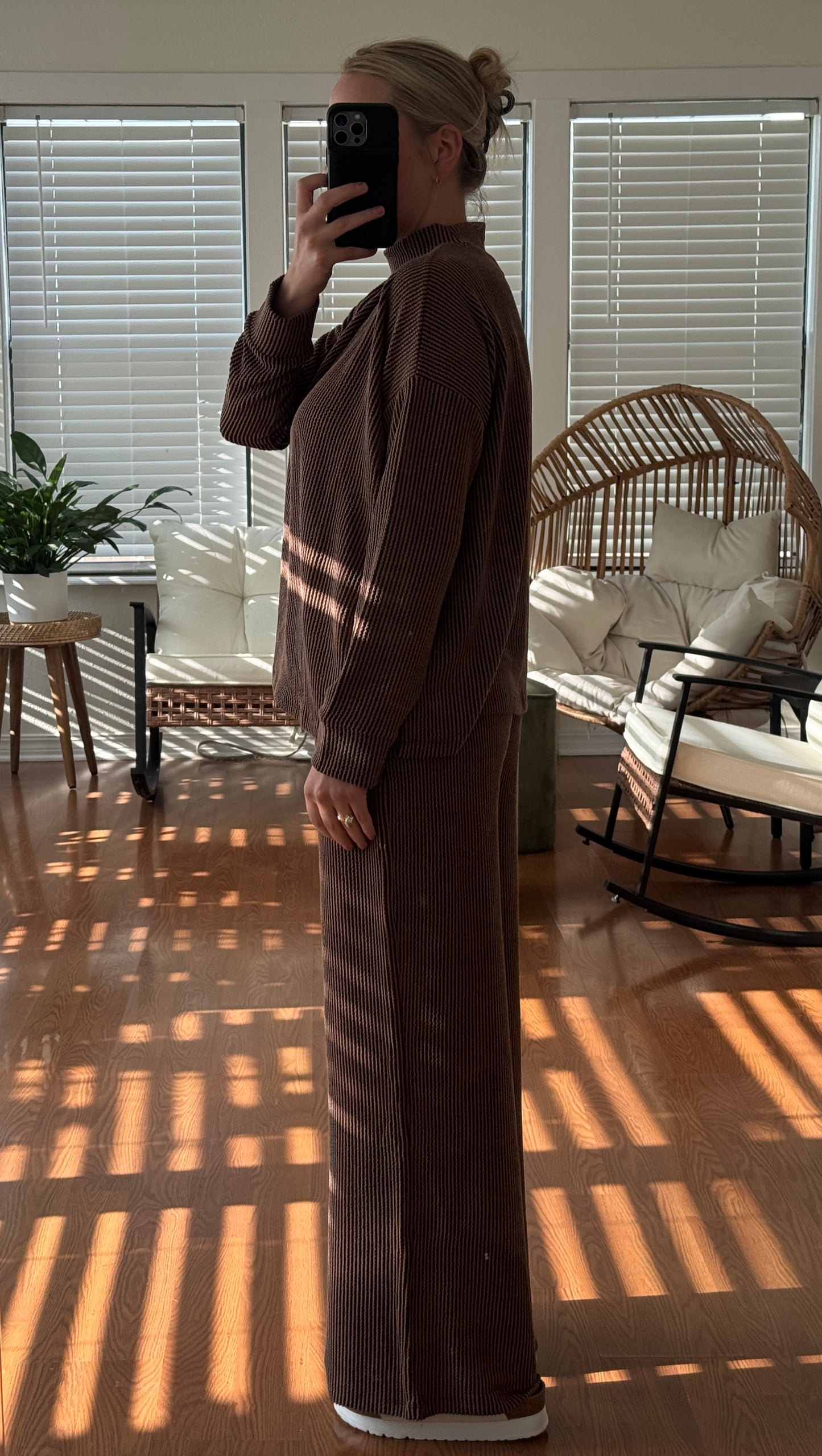 Ribbed Pants L/S Matching Set - Brown
