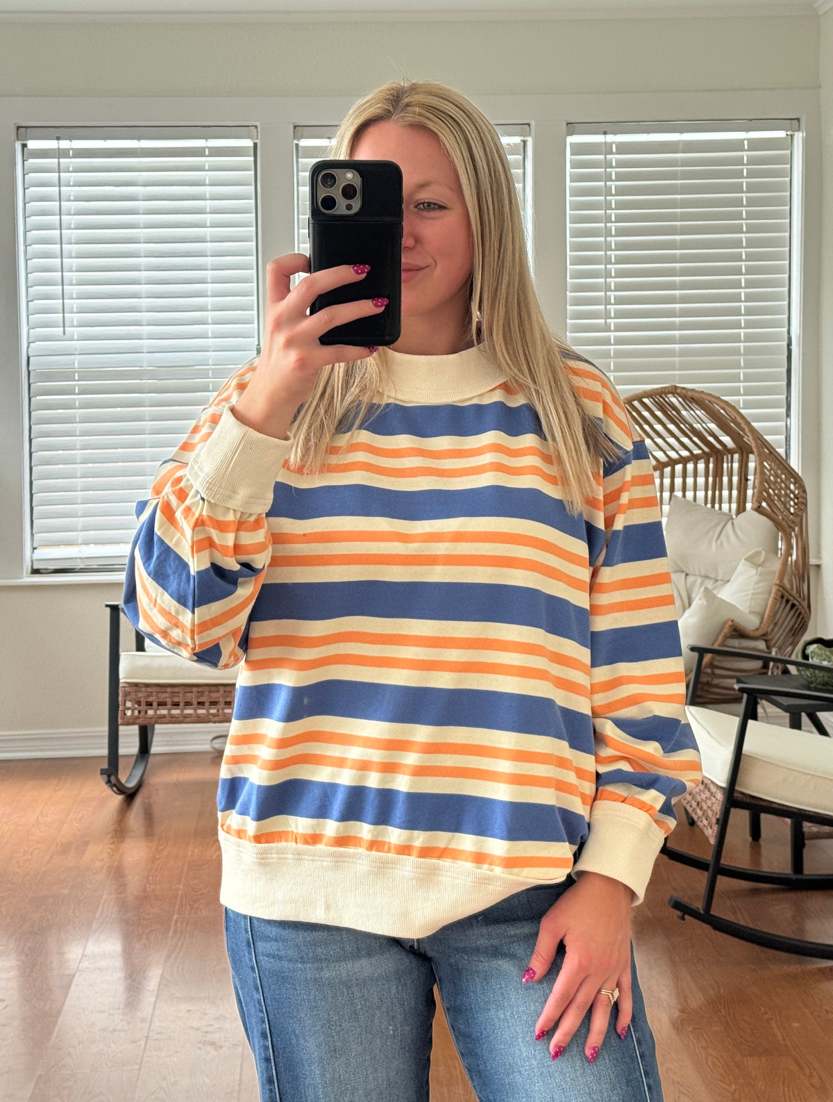Striped Oversized Terry Sweatshirt - Blue + Apricot