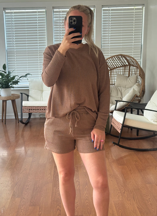 Ribbed Long Sleeve/Shorts Matching Set - Mocha