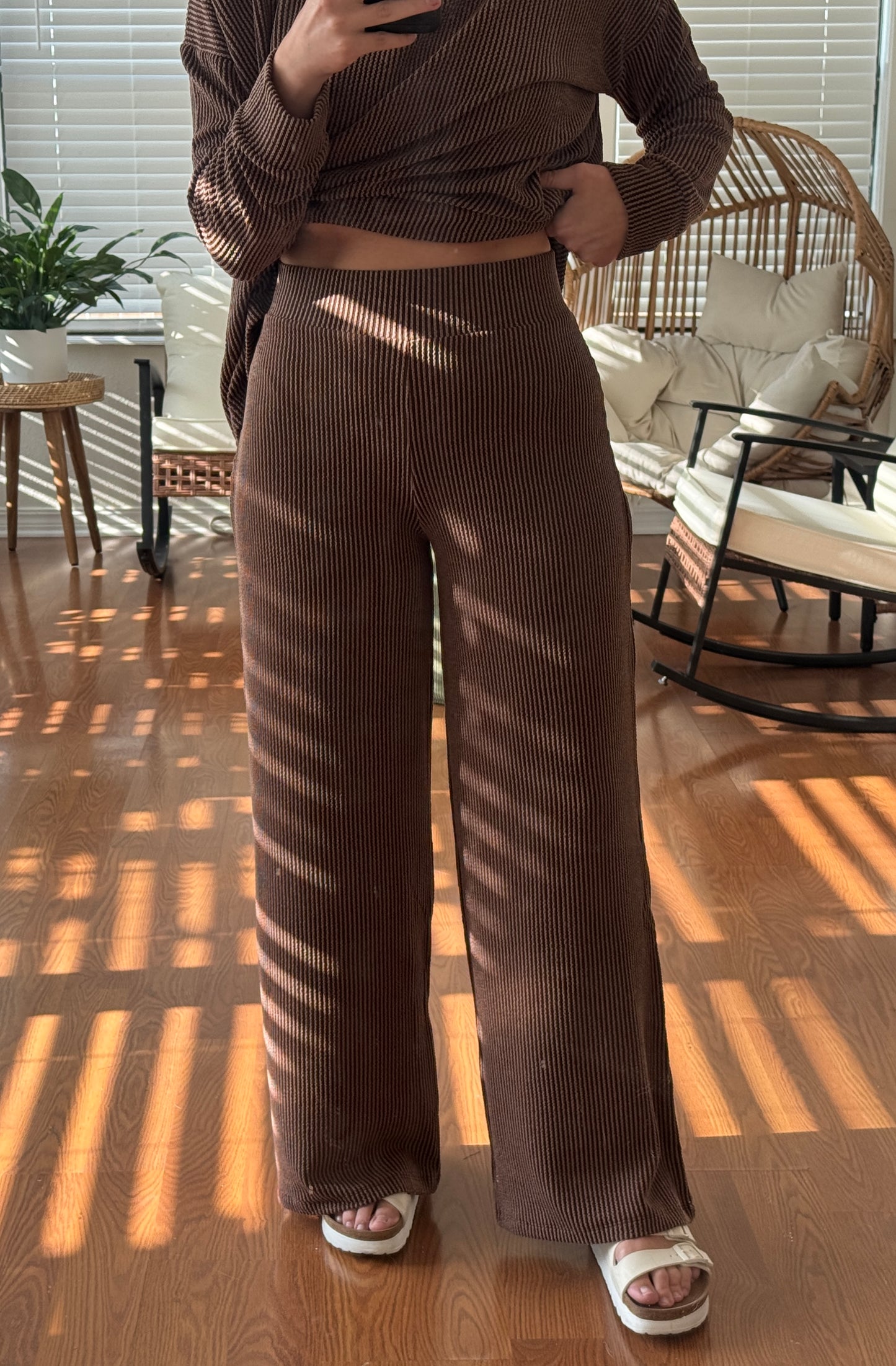 Ribbed Pants L/S Matching Set - Brown