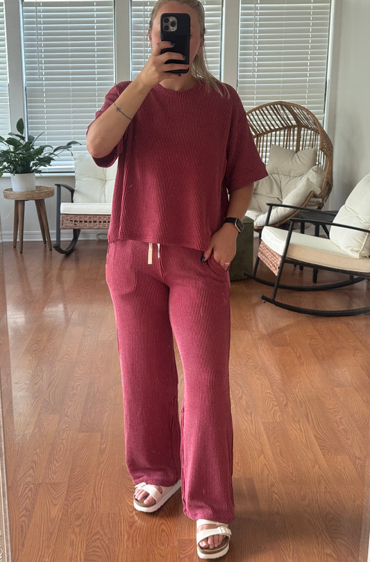 Ribbed Pants Matching Set - Burgundy