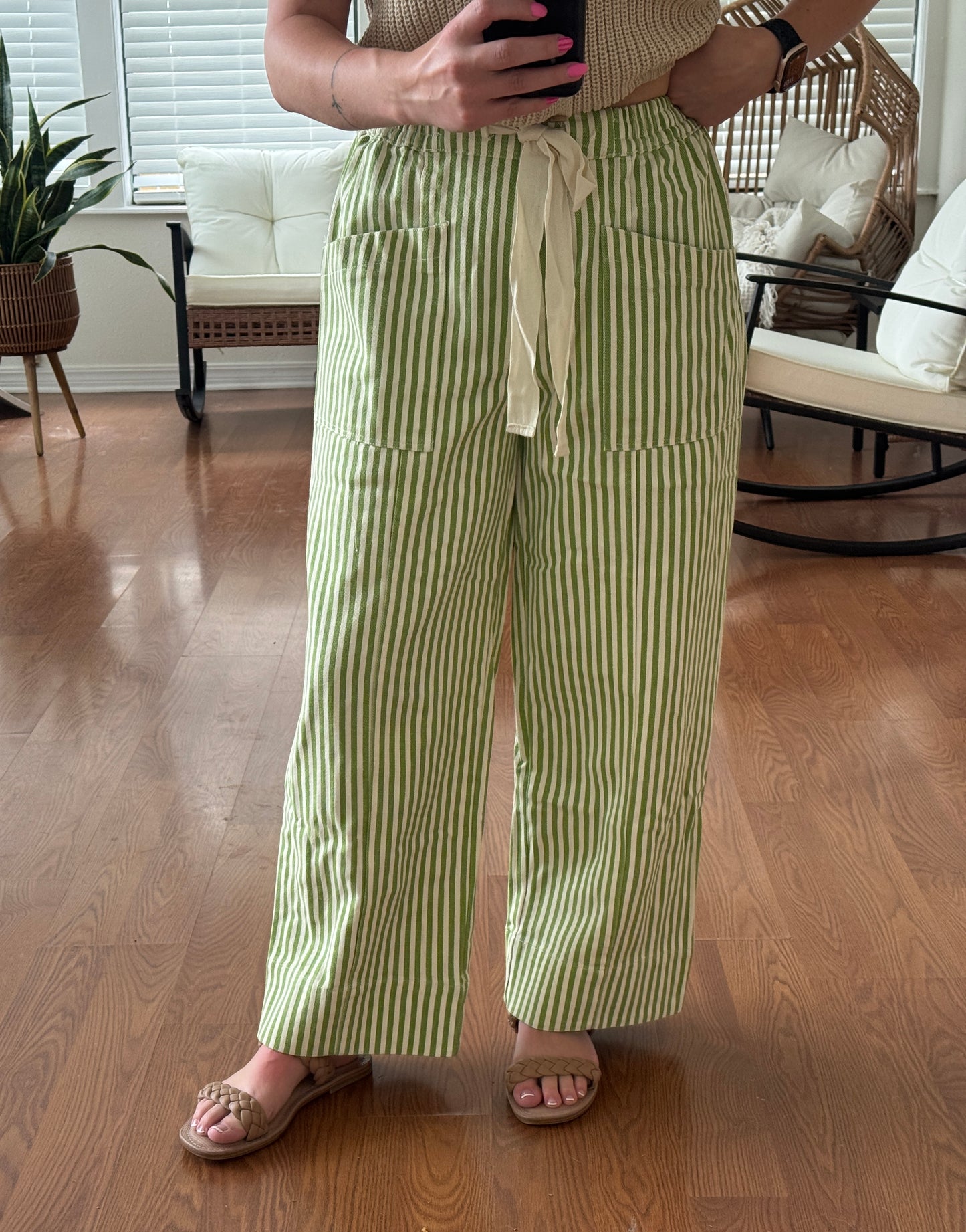 Striped Wide Leg Pants - Sage + Cream