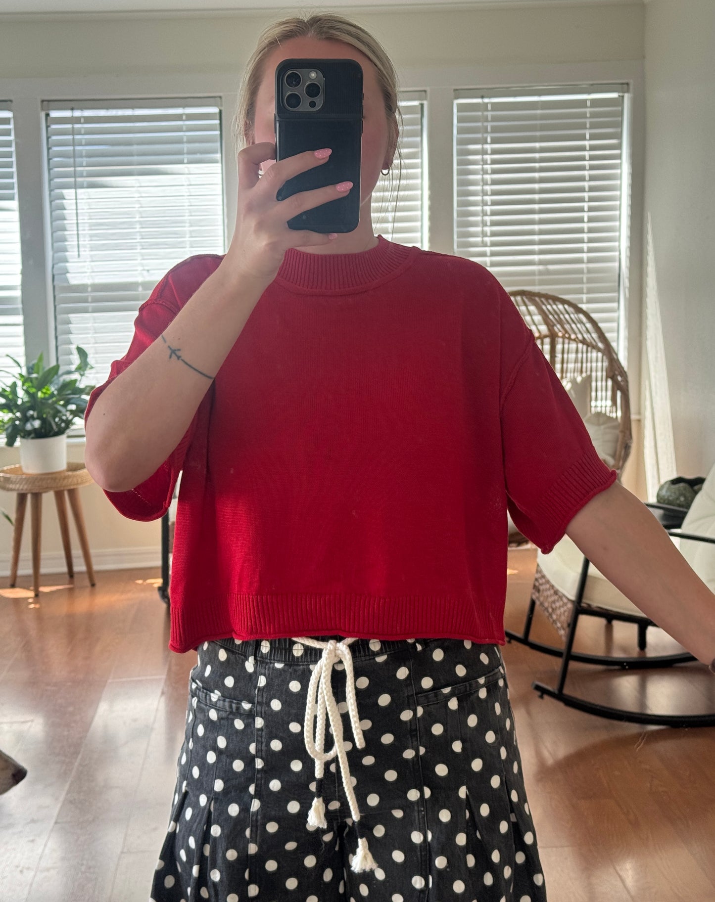Mock Neck Short Sleeve Sweater - Red