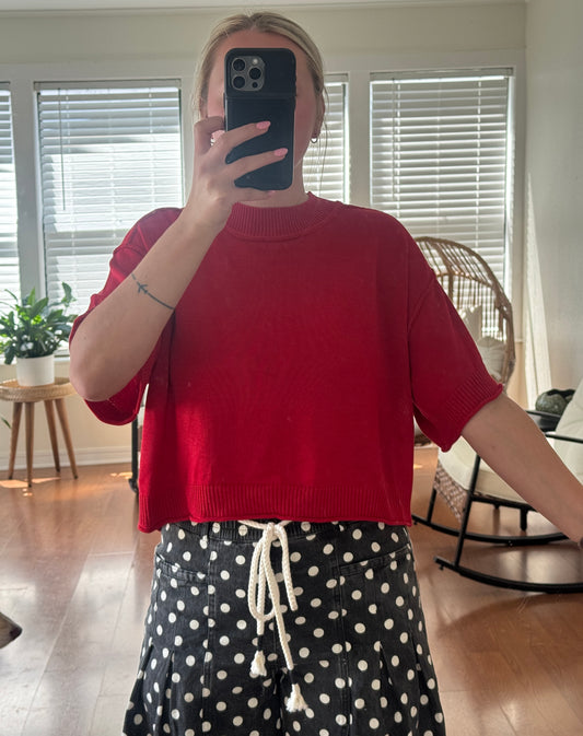 Mock Neck Short Sleeve Sweater - Red