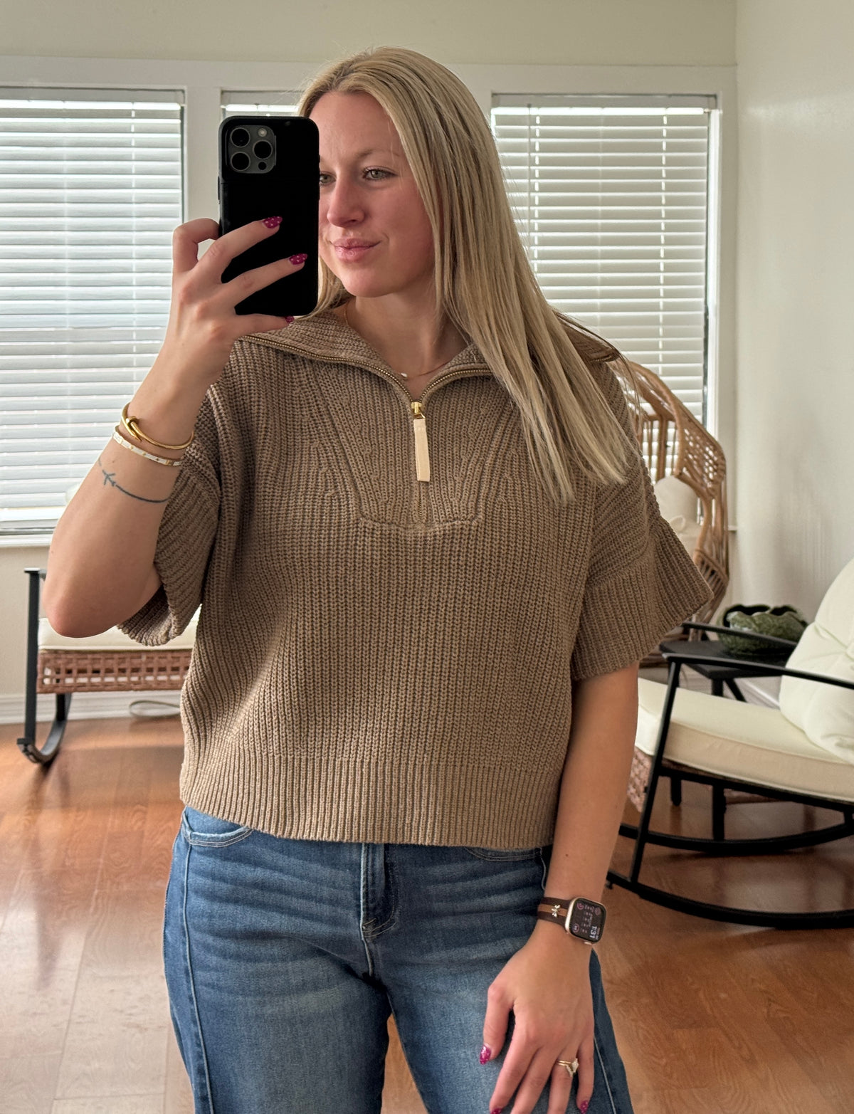 1/4 Zip Knit Short Sleeve Sweater - Mocha