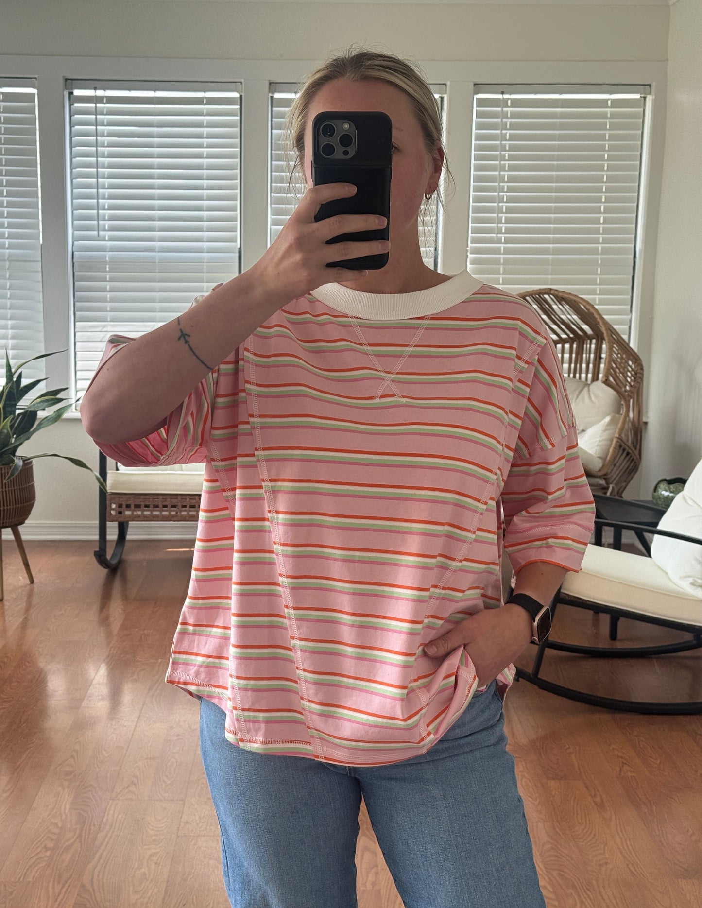 Striped Oversized Knit Tee - Pink