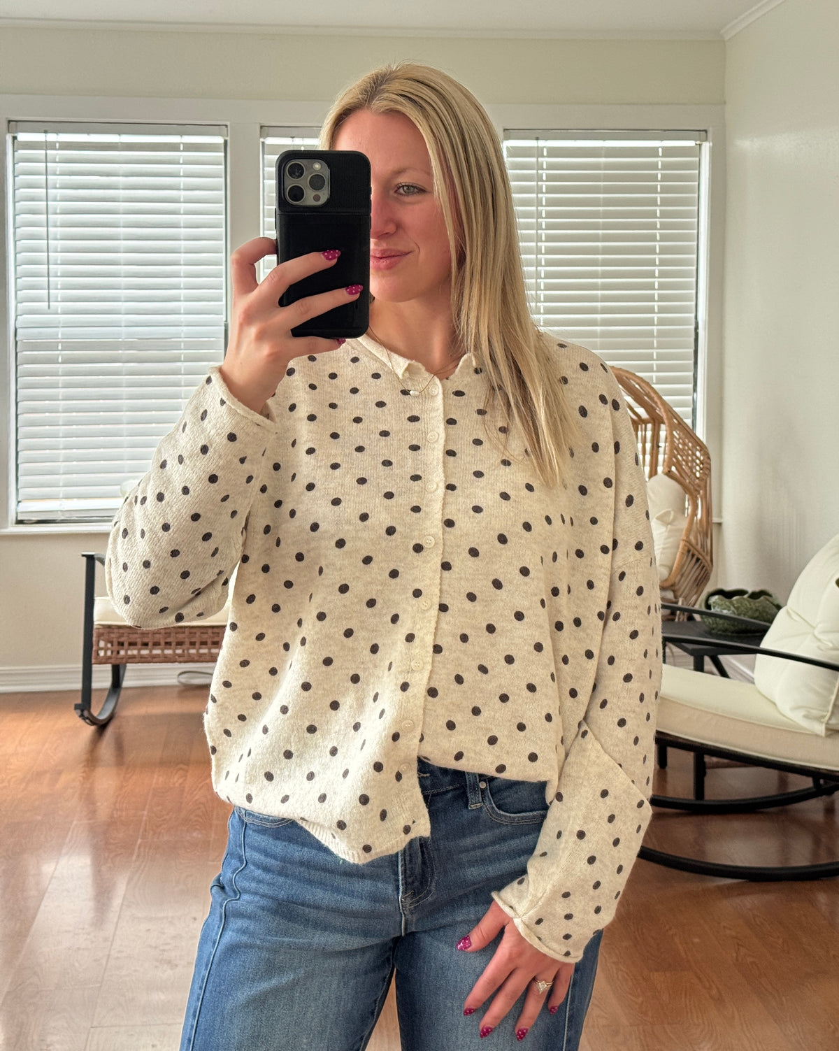Polka Dot Raw Edge Knit Cardigan - Cream + Brown