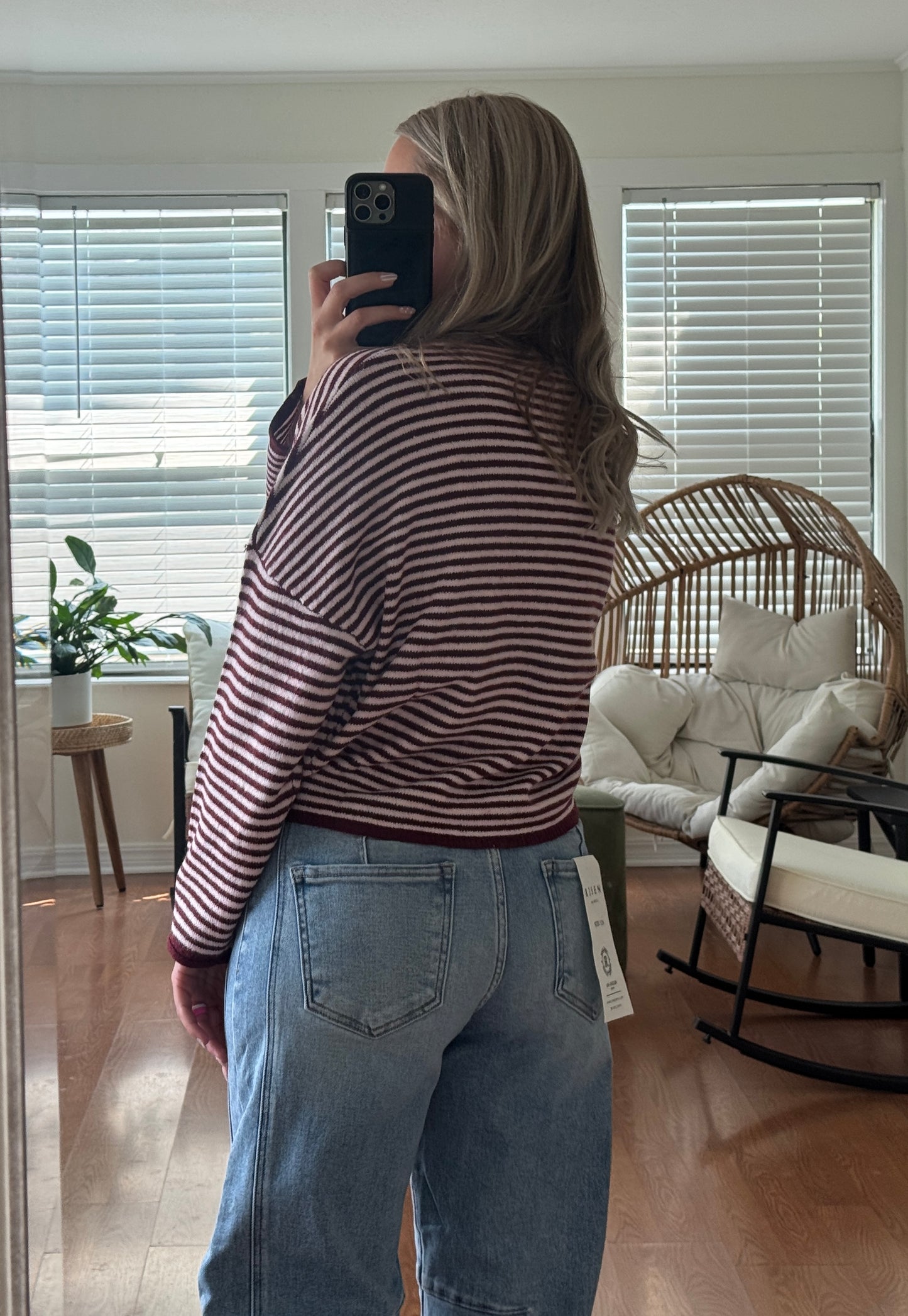 Stripe Raw Edge Knit Cardigan - Burgundy + Pink
