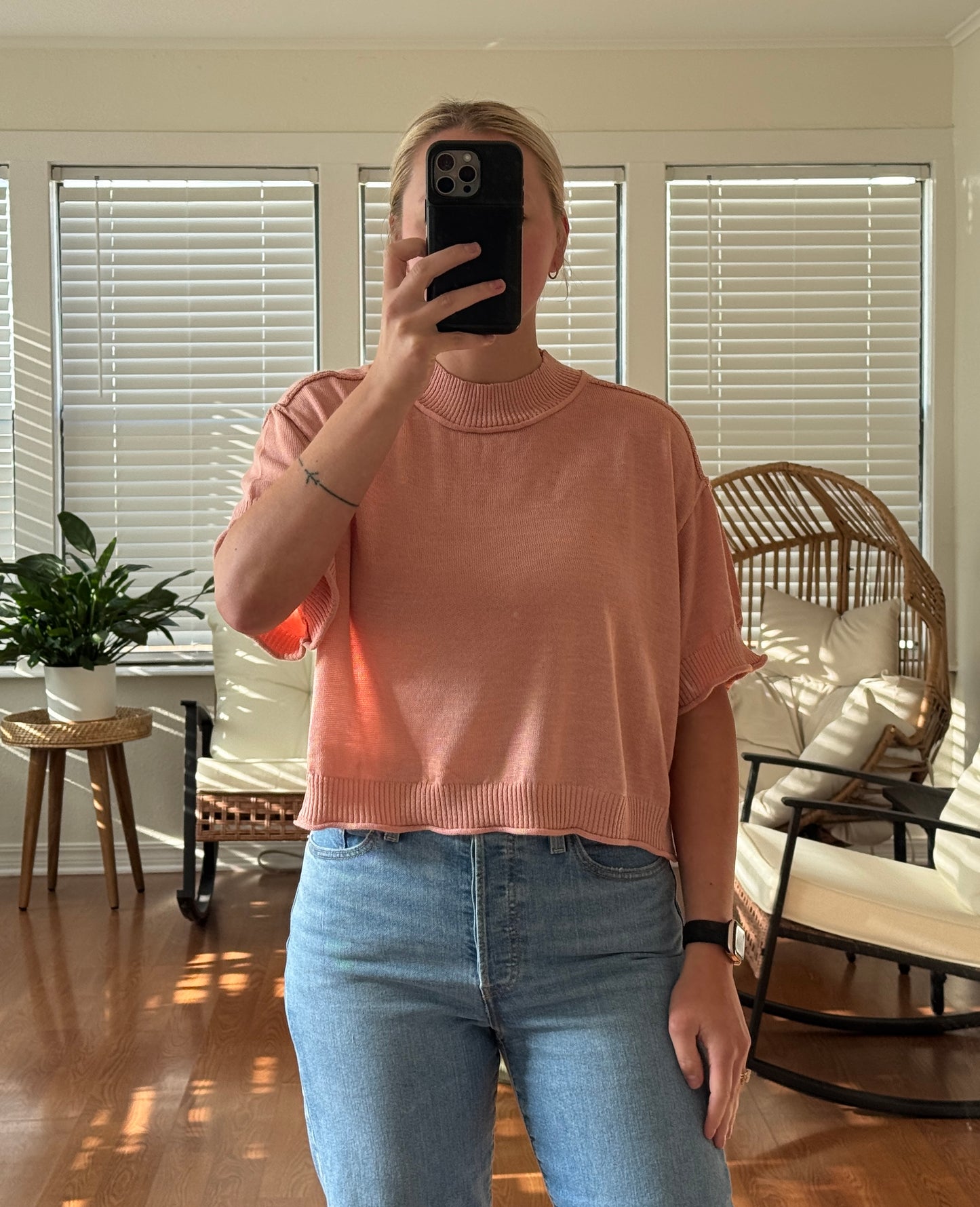Mock Neck Short Sleeve Sweater - Coral