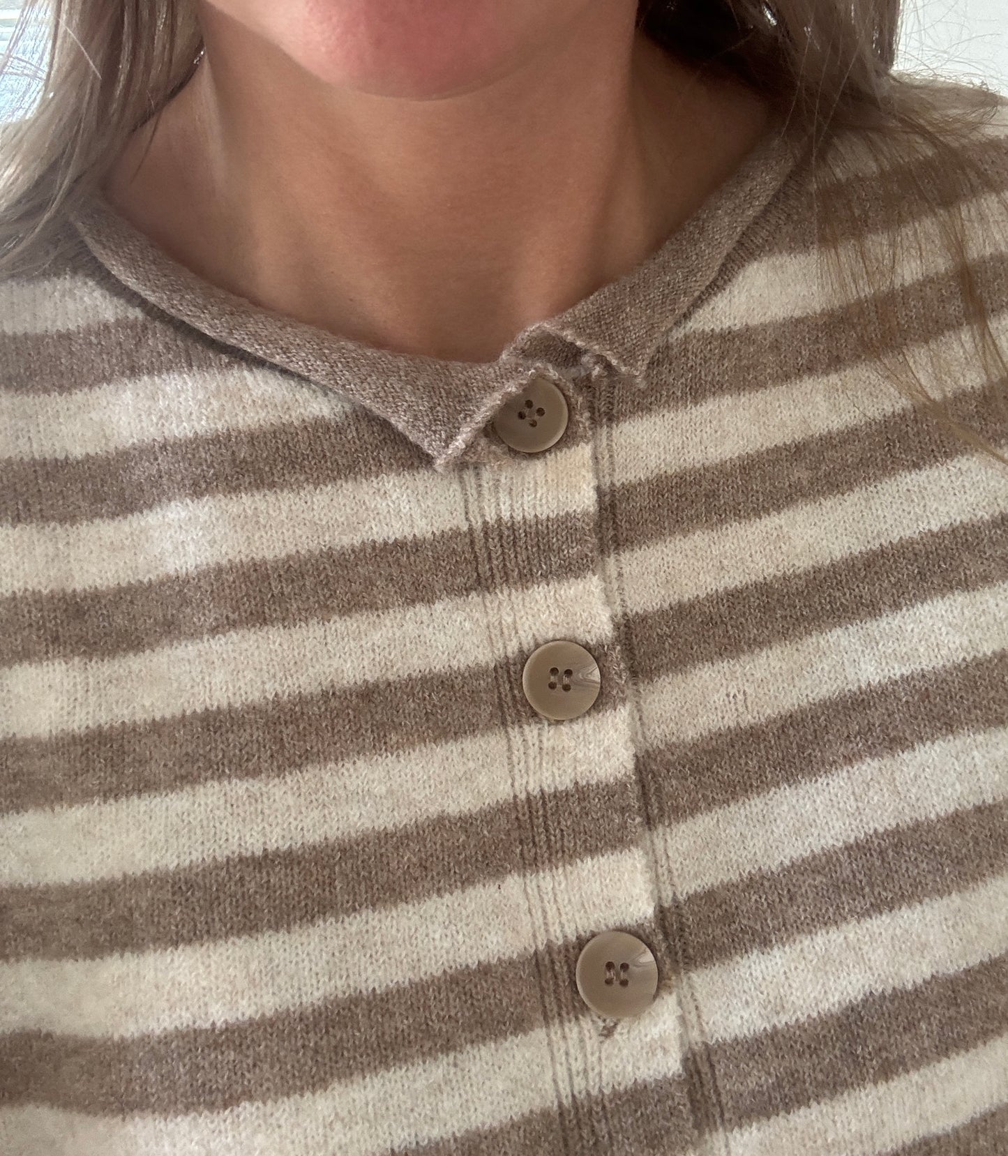 Stripe Raw Edge Short Sleeve Cardigan - Mocha + White