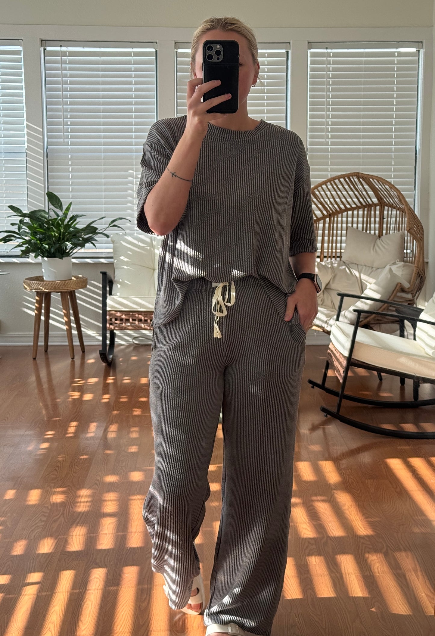 Ribbed Pants Matching Set - Grey