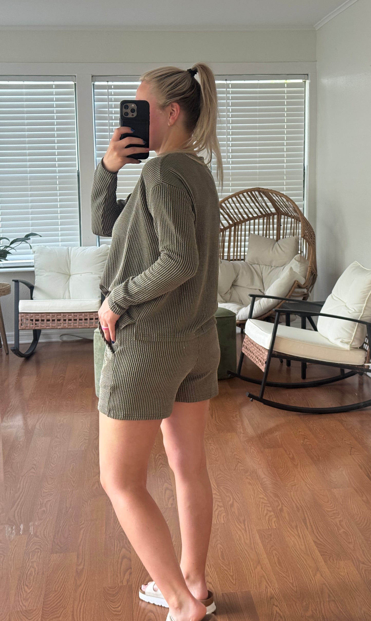 Ribbed Long Sleeve/Shorts Matching Set - Olive Green