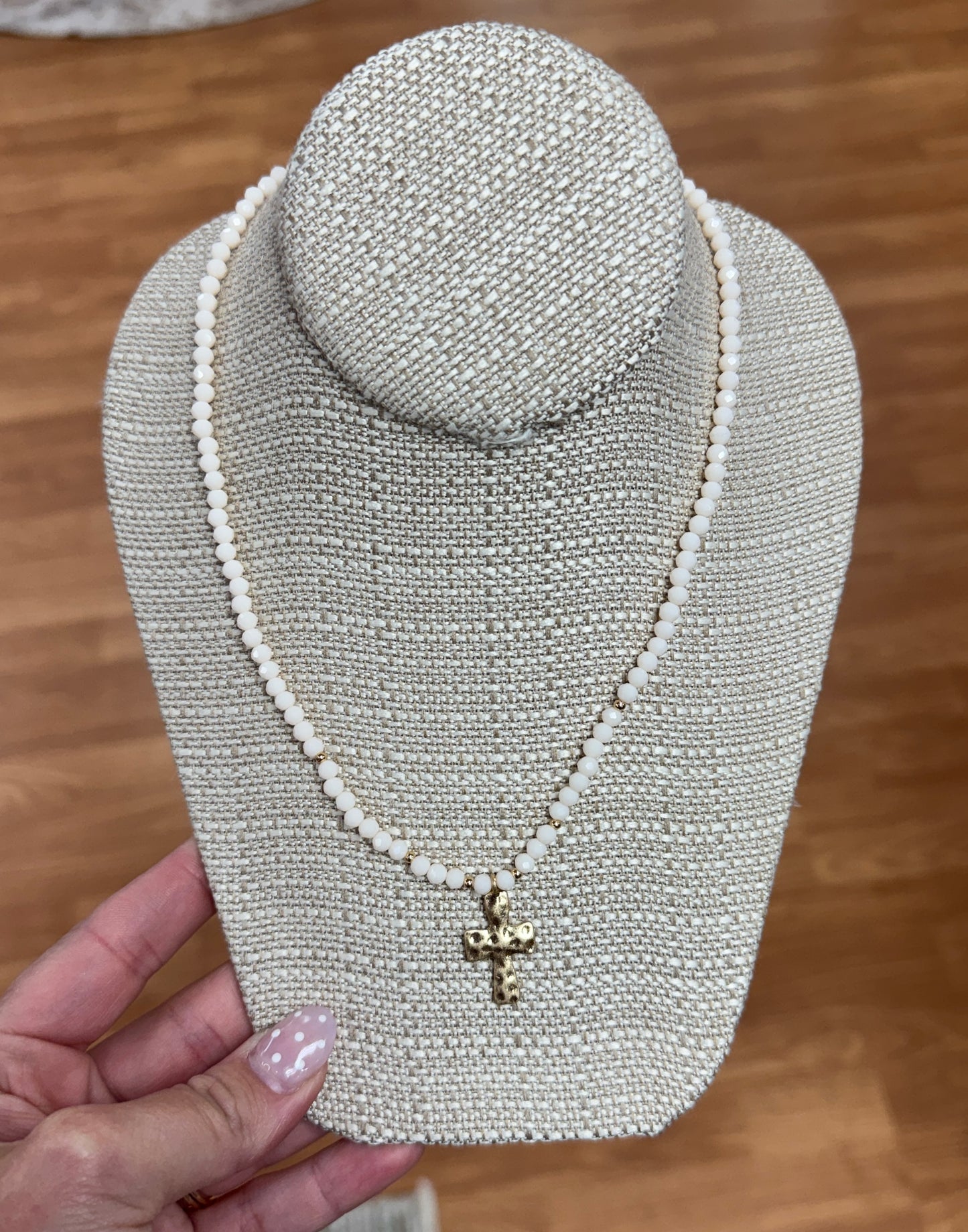Glass Bead Cross Necklace - Ivory