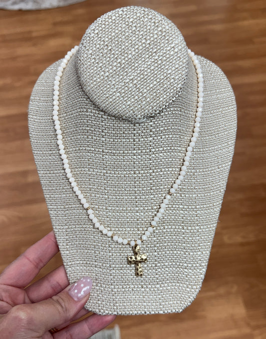 Glass Bead Cross Necklace - Ivory