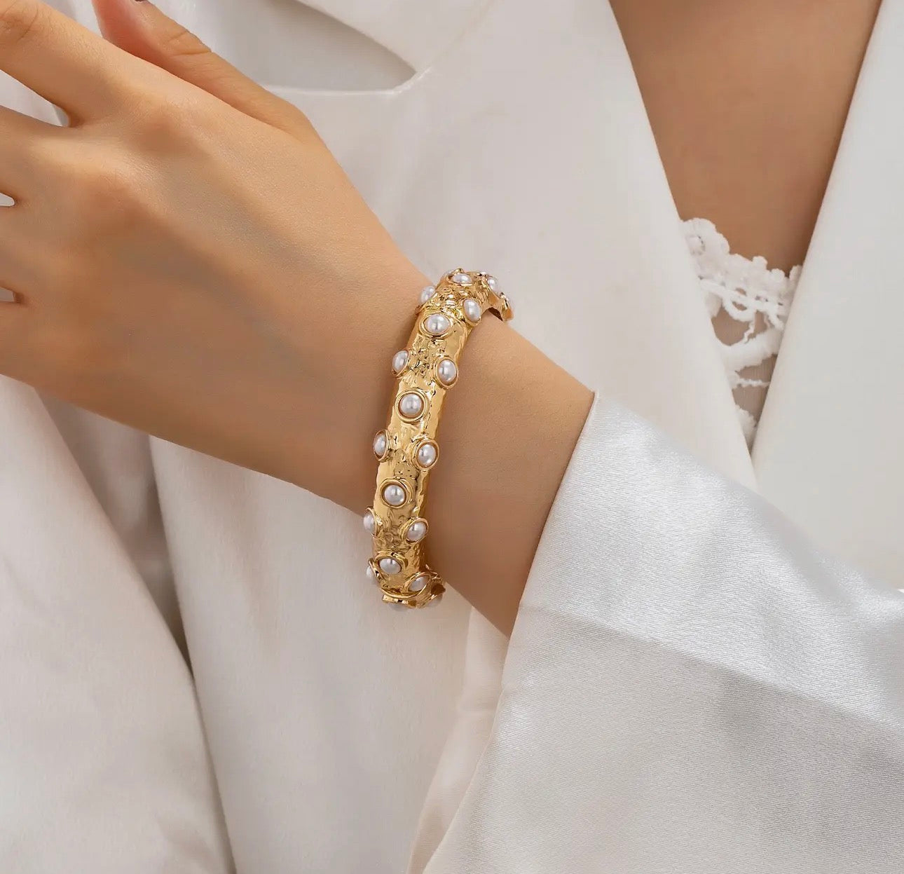 Pearl Embellished Bangle Bracelet - Gold