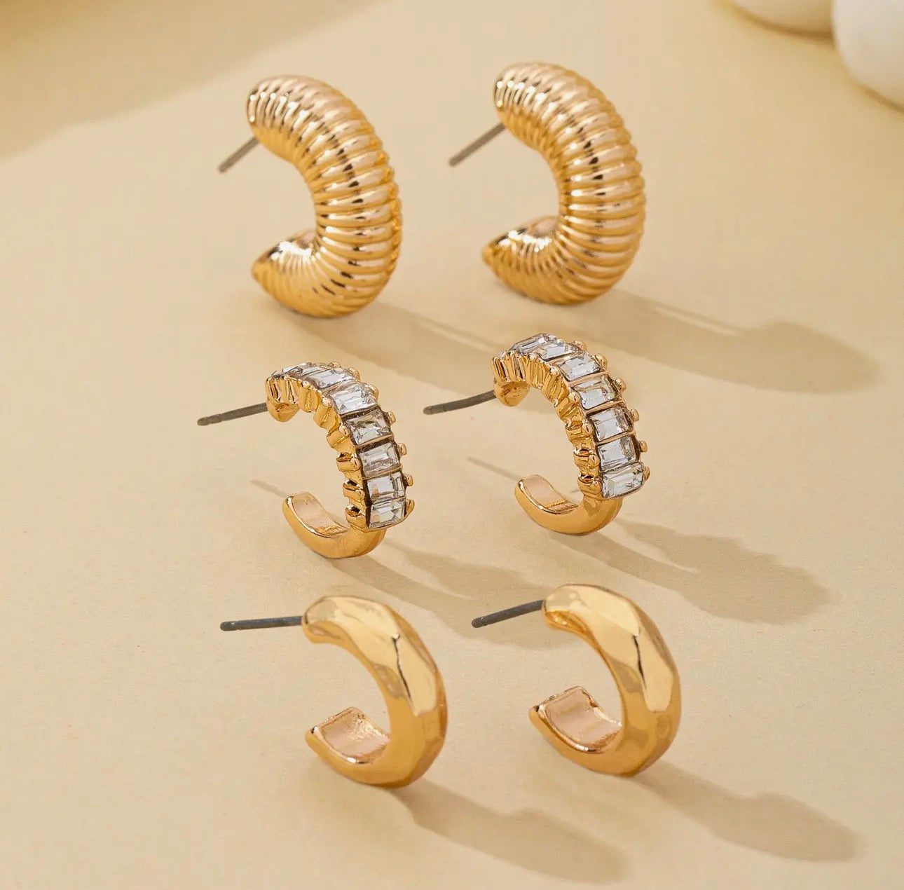 Rhinestone Trio Hoop Earrings - Gold