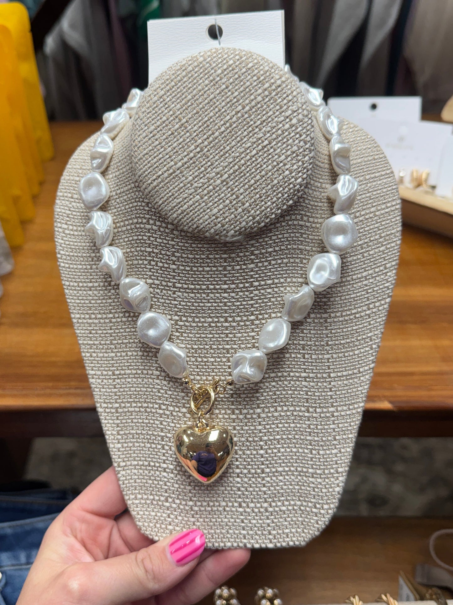 Pearl Beaded Heart Necklace - Gold
