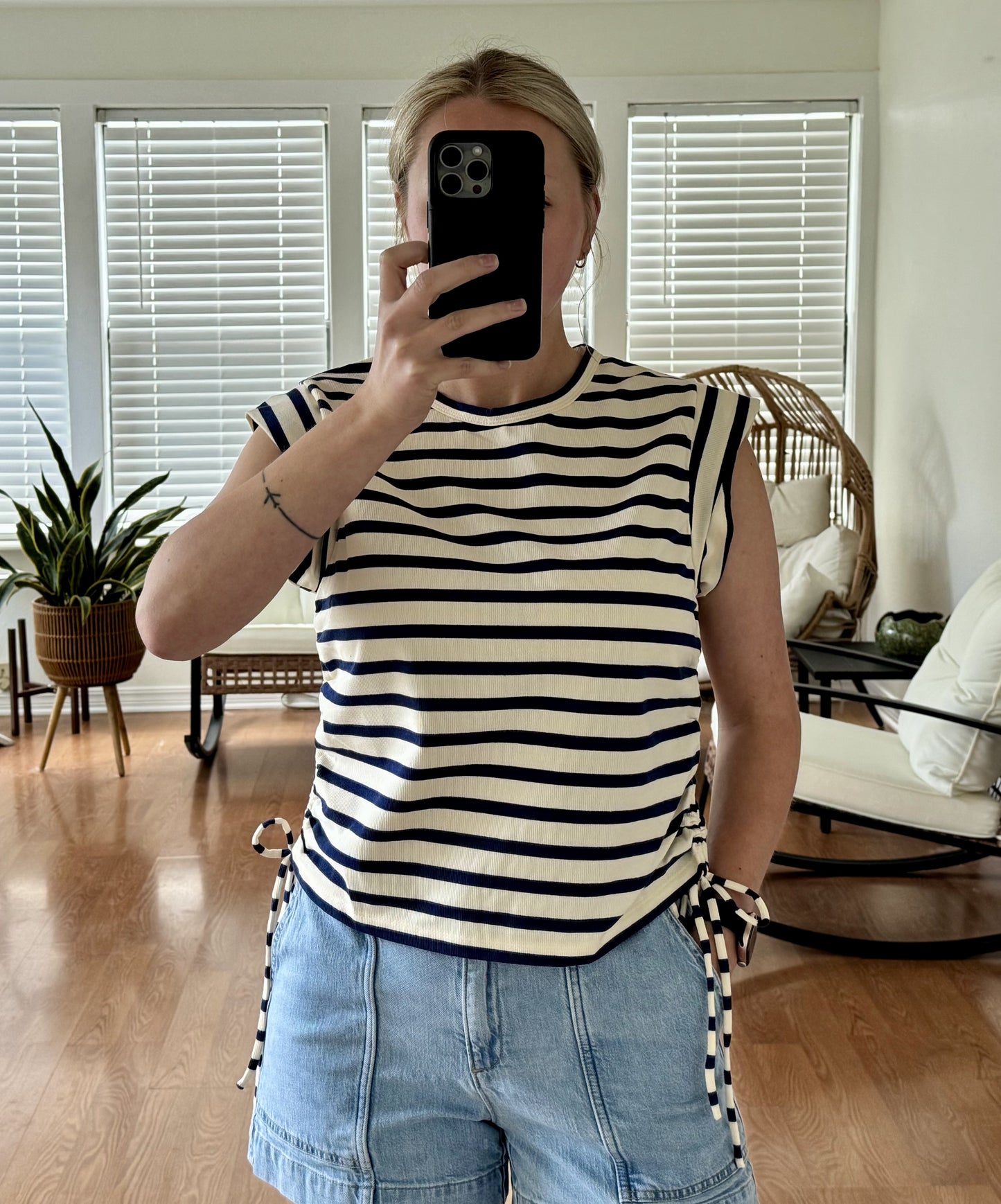 Striped Side-Tie Sleeveless Top - Navy + White