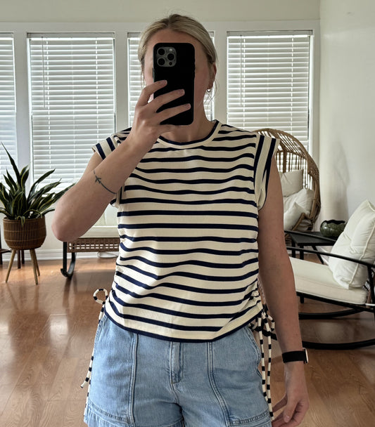 Striped Side-Tie Sleeveless Top - Navy + White
