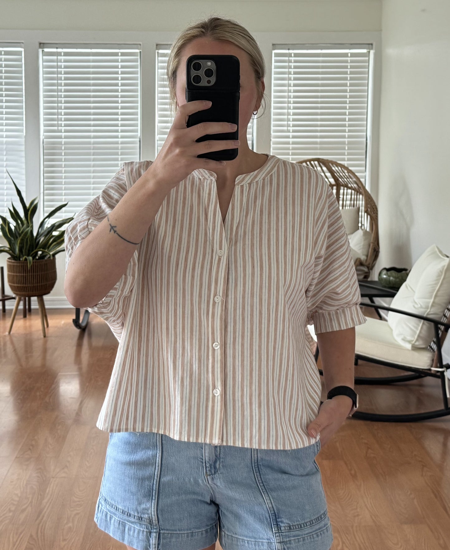 Striped Button Down Short Sleeve Blouse - Tan