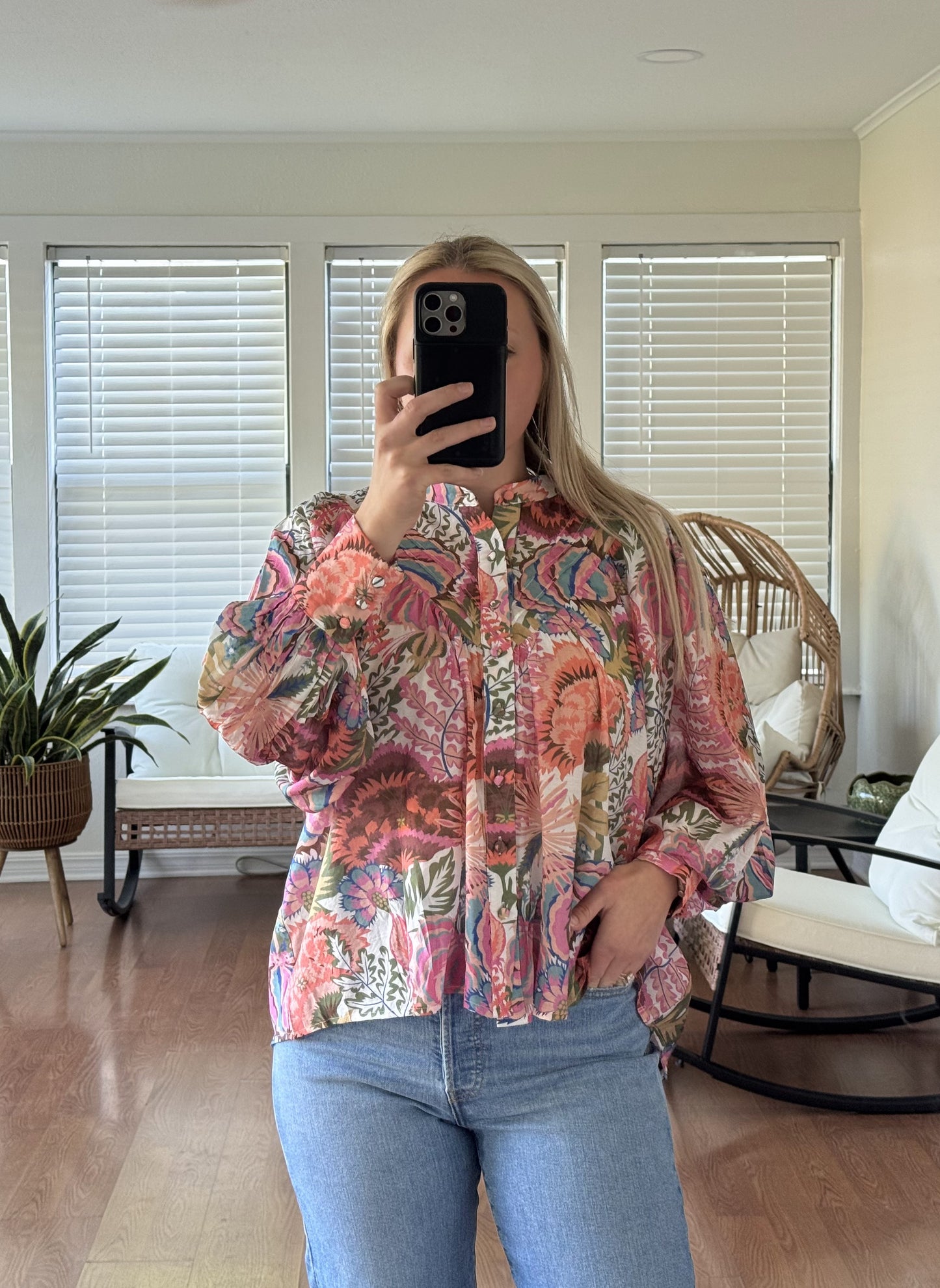Floral Sheer Button Down Long Sleeve Blouse - Pink