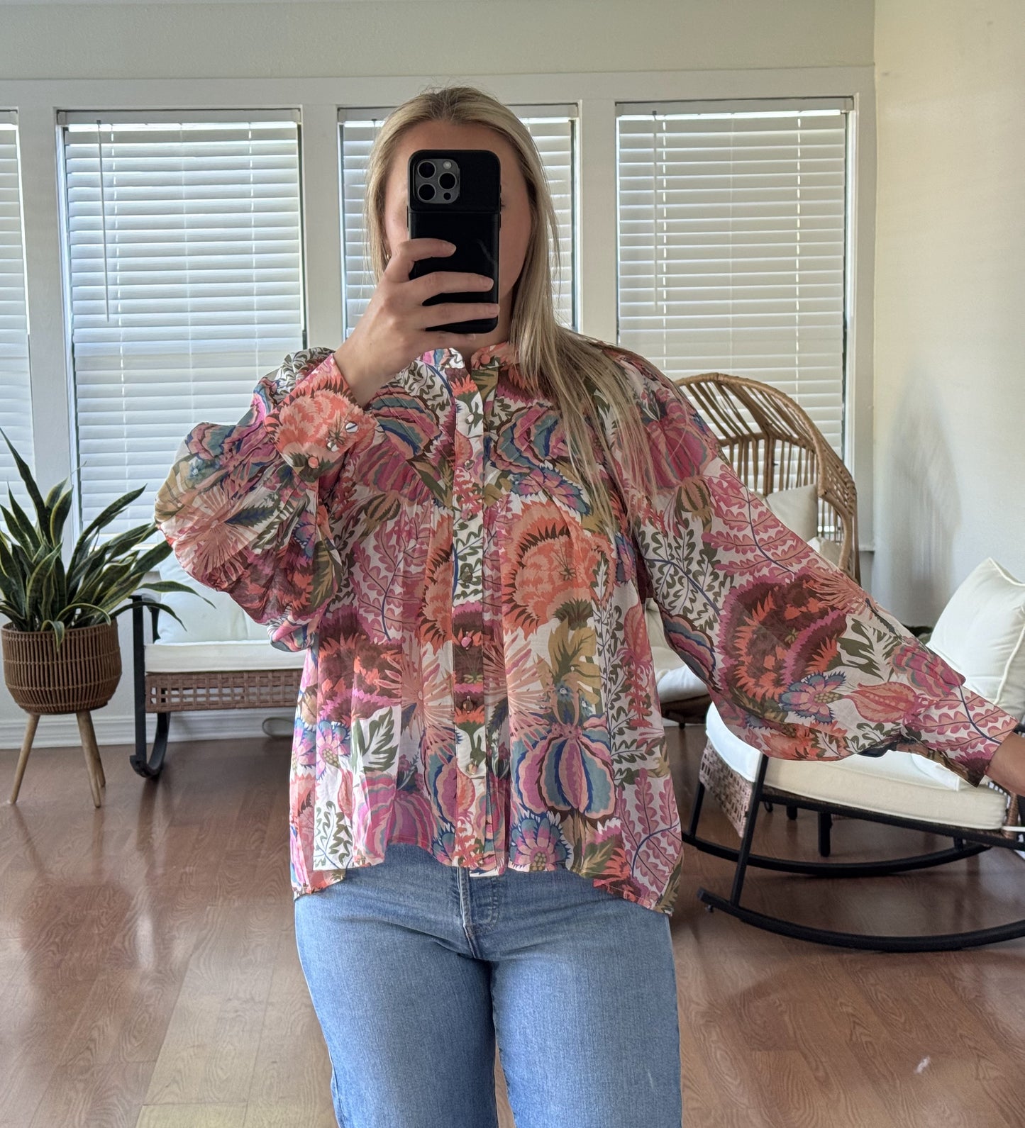 Floral Sheer Button Down Long Sleeve Blouse - Pink