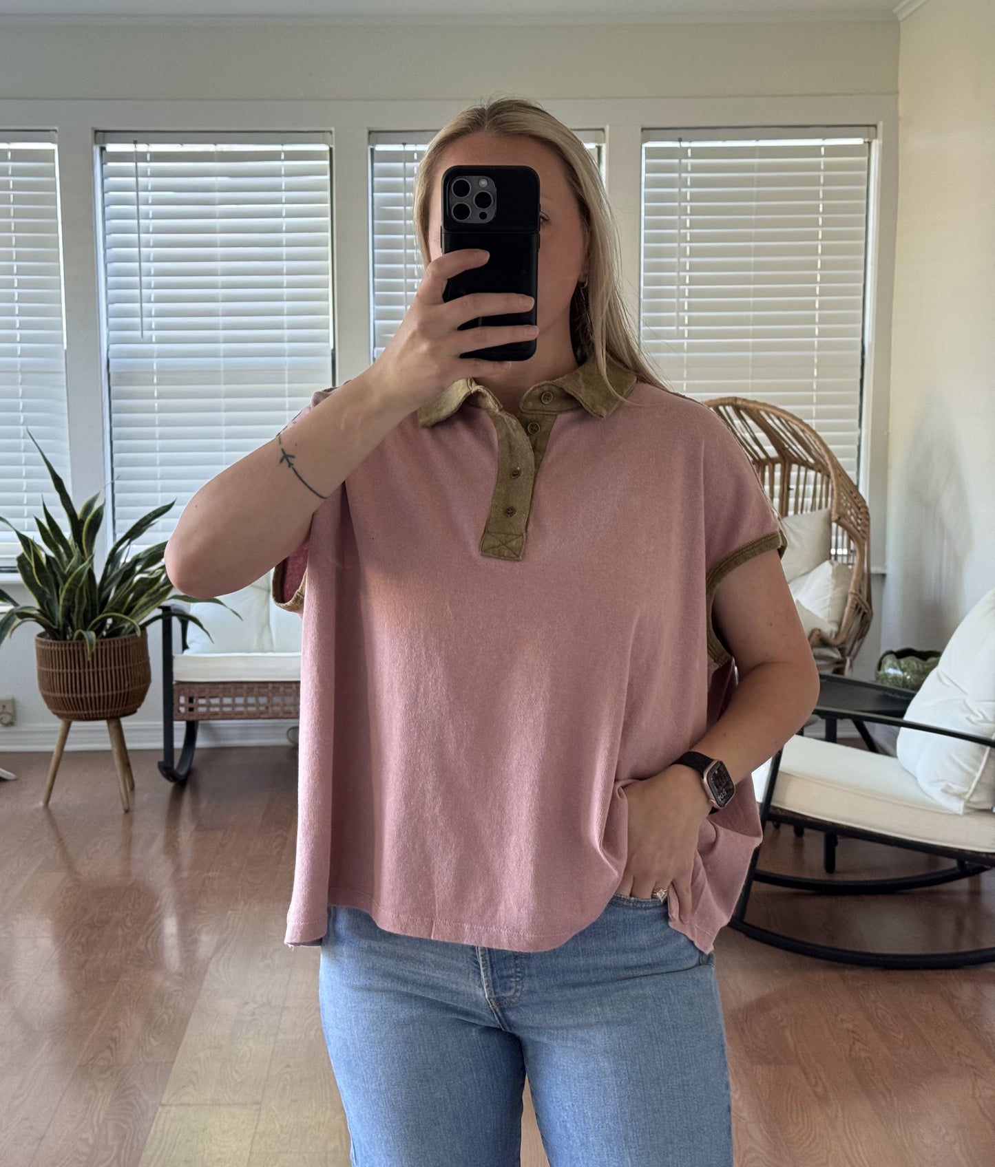Collared Boxy Short Sleeve Top - Pink + Brown
