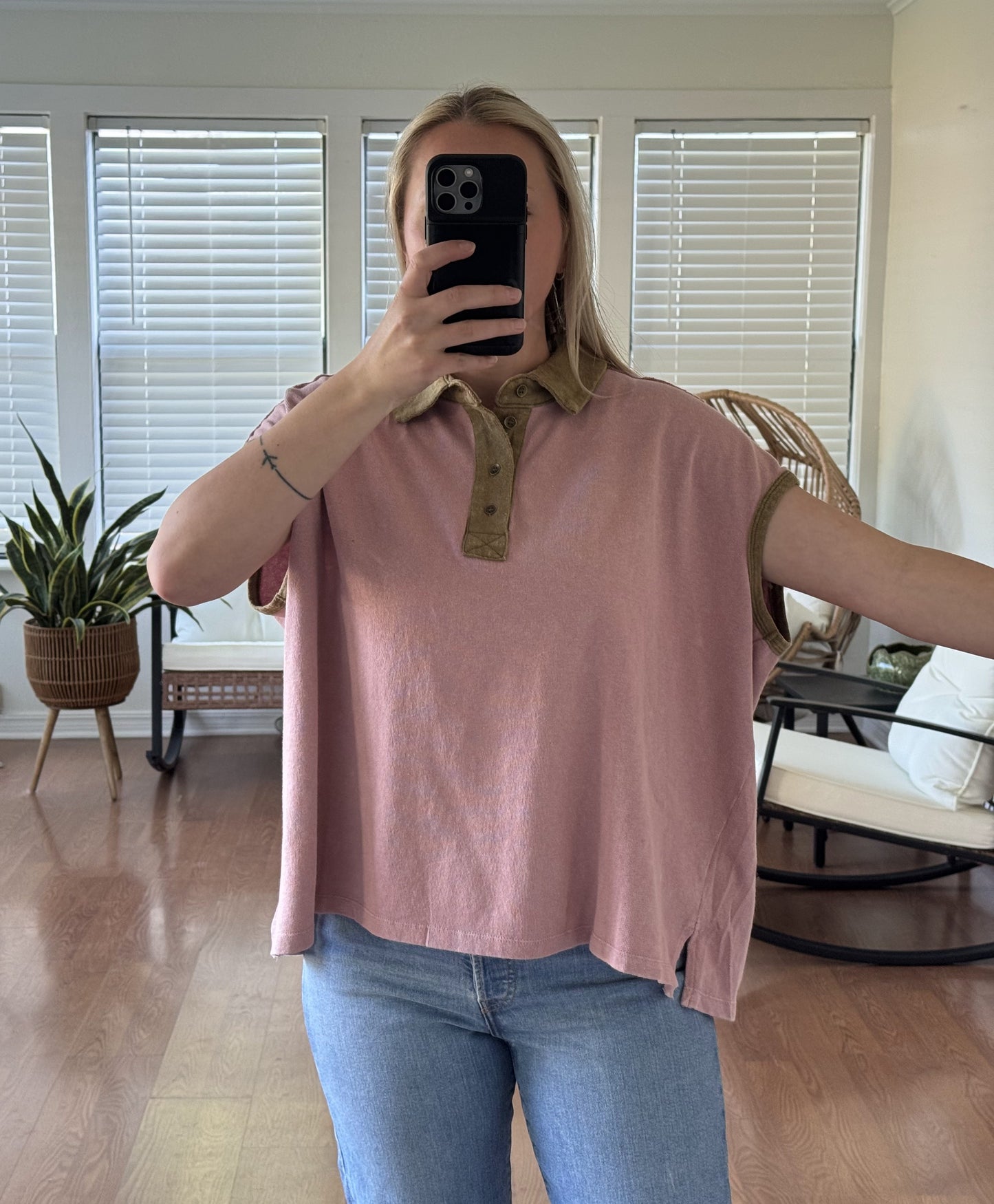 Collared Boxy Short Sleeve Top - Pink + Brown