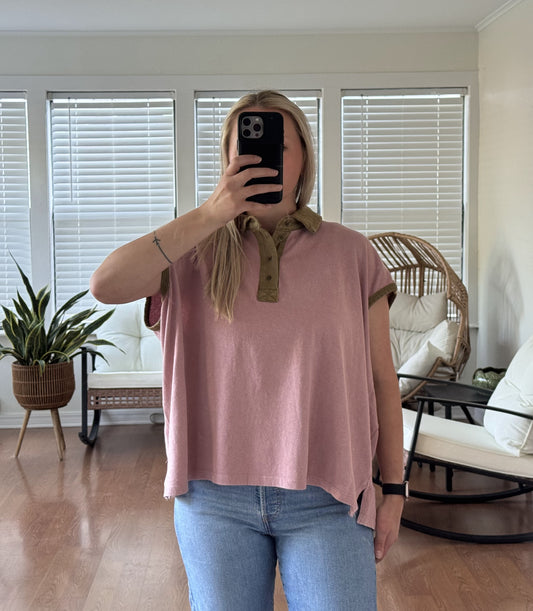 Collared Boxy Short Sleeve Top - Pink + Brown