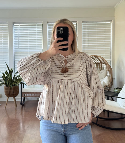 Boho Peasant Long Sleeve Blouse - Cream + Brown