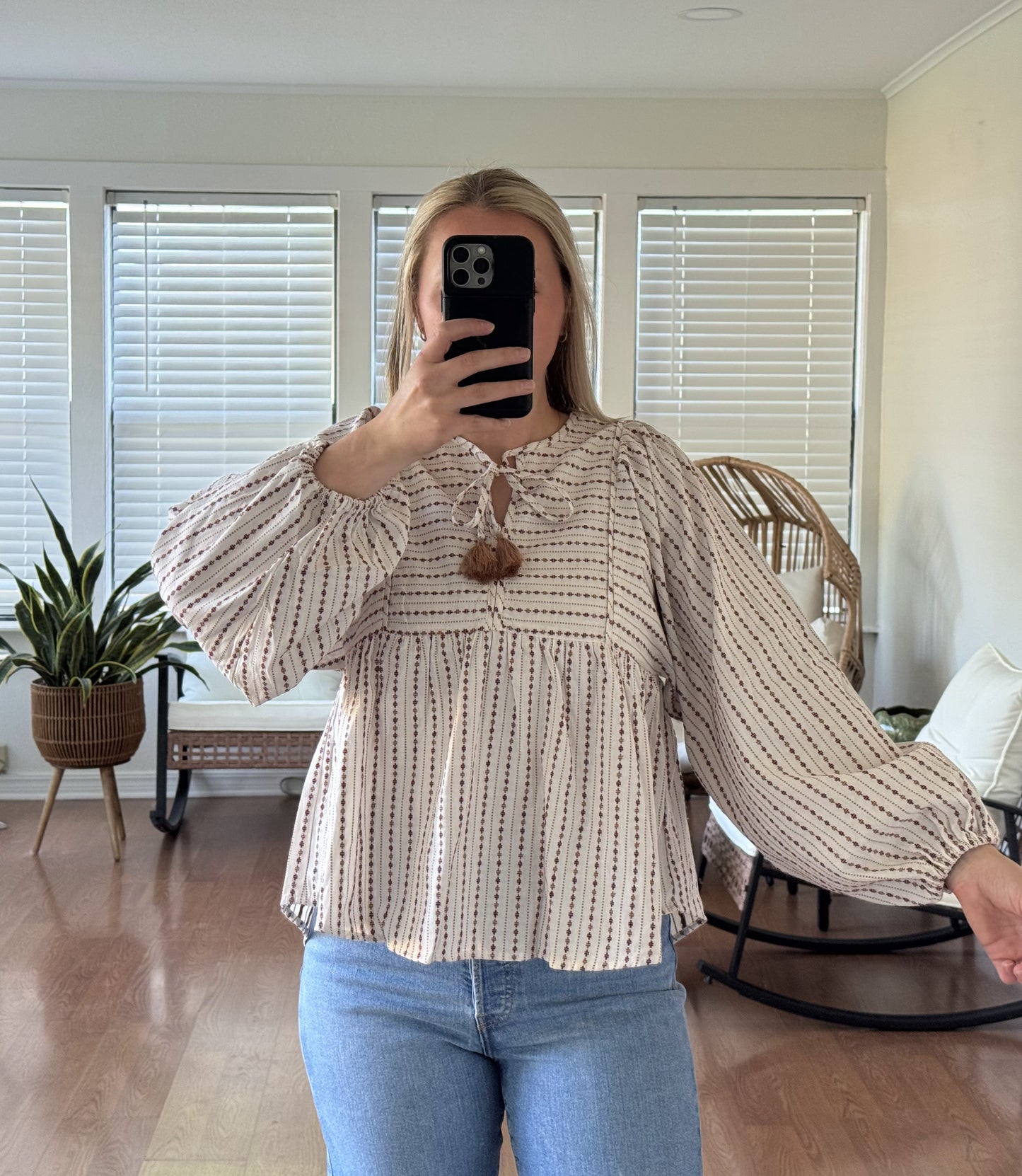 Boho Peasant Long Sleeve Blouse - Cream + Brown