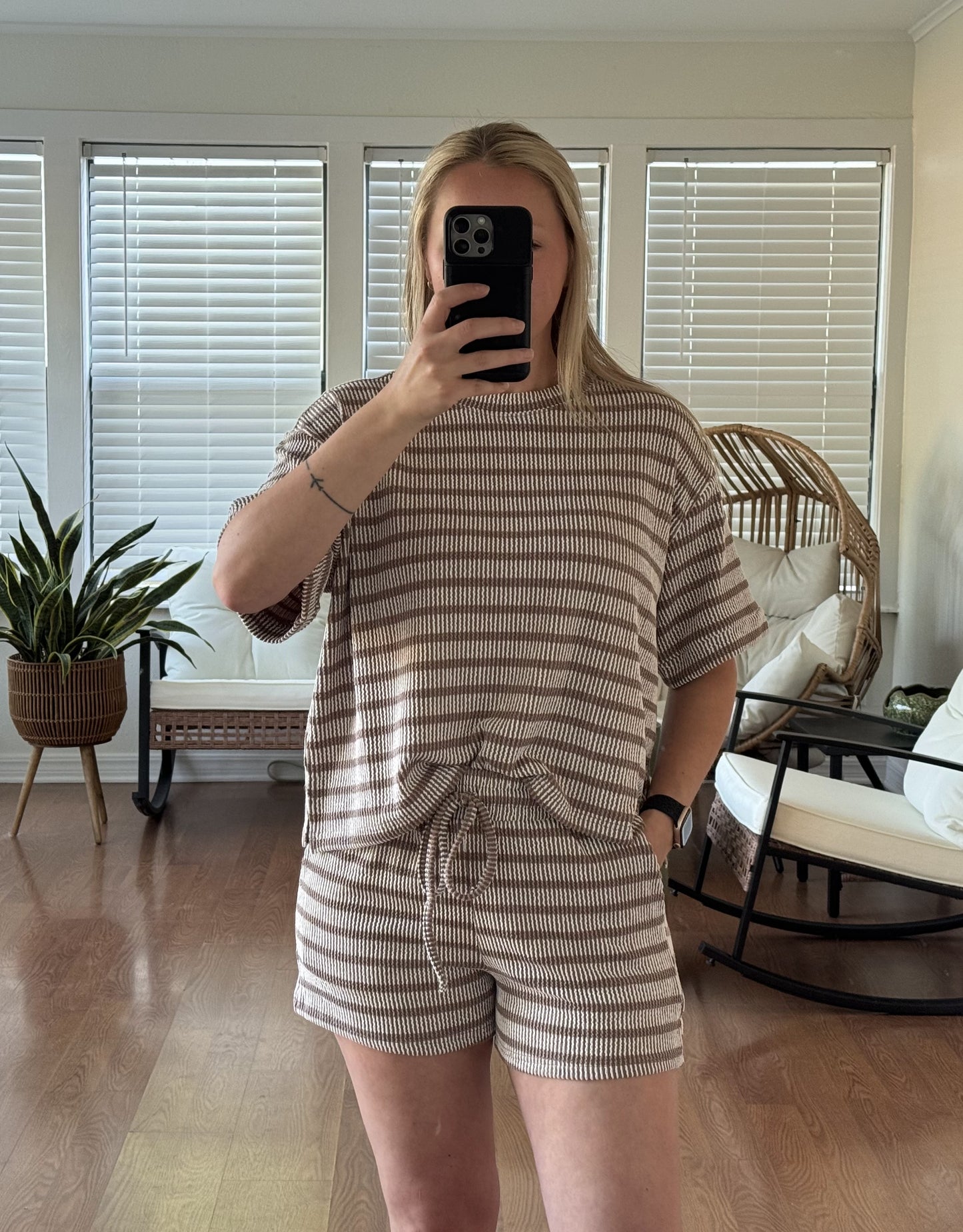 Ribbed Thick Stripes Matching Set - Beige