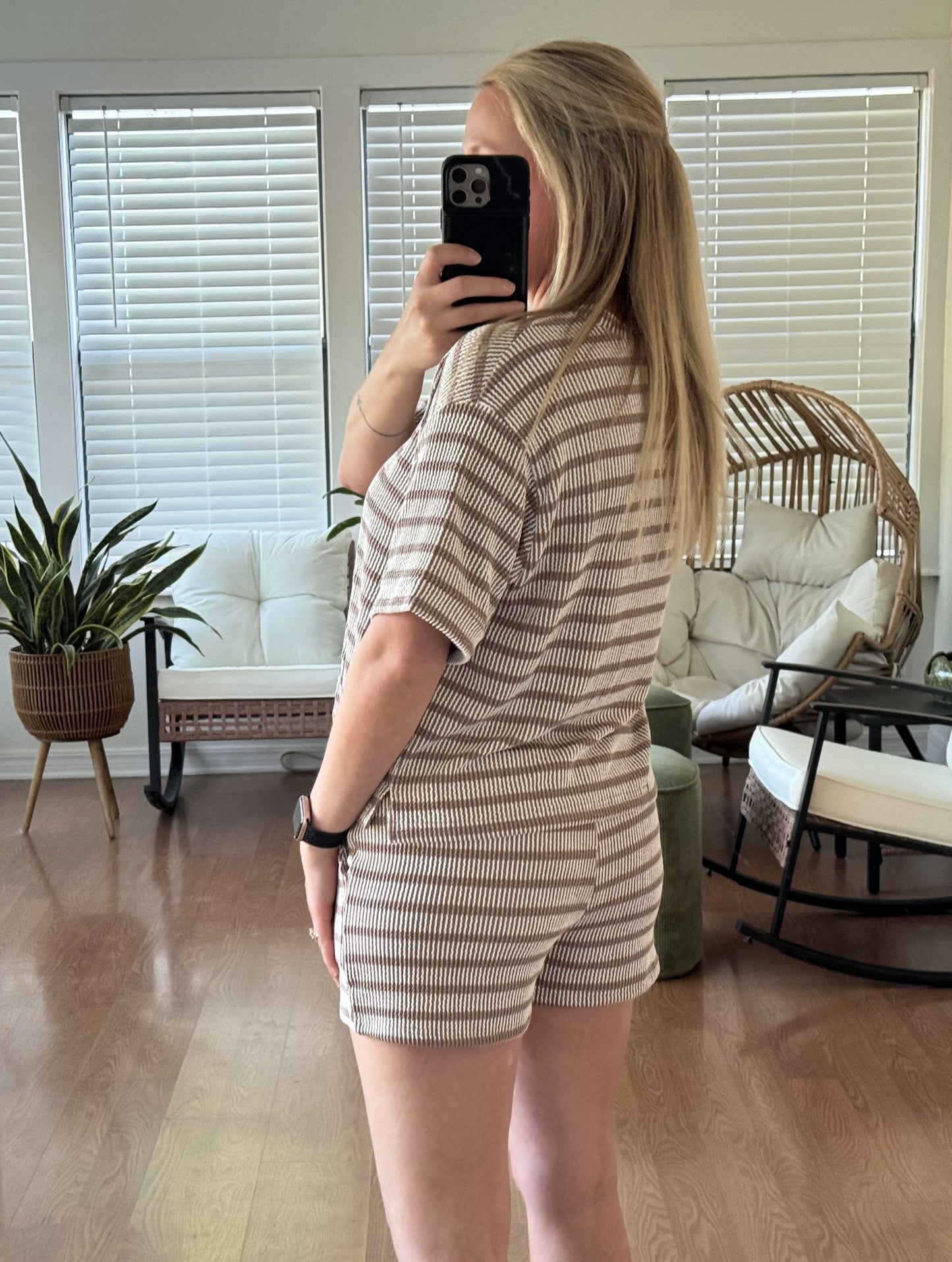 Ribbed Thick Stripes Matching Set - Beige