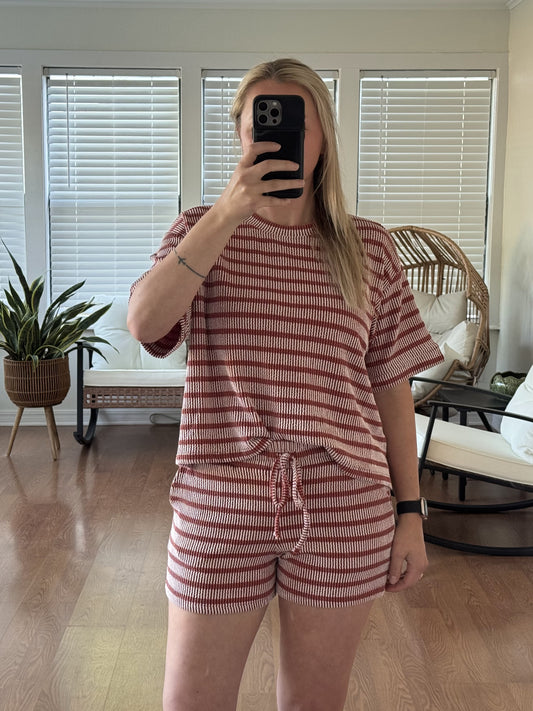 Ribbed Thick Stripes Matching Set - Rust