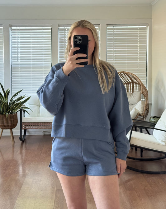 Fleece Long Sleeve Pullover & Shorts Set - Dusty Blue