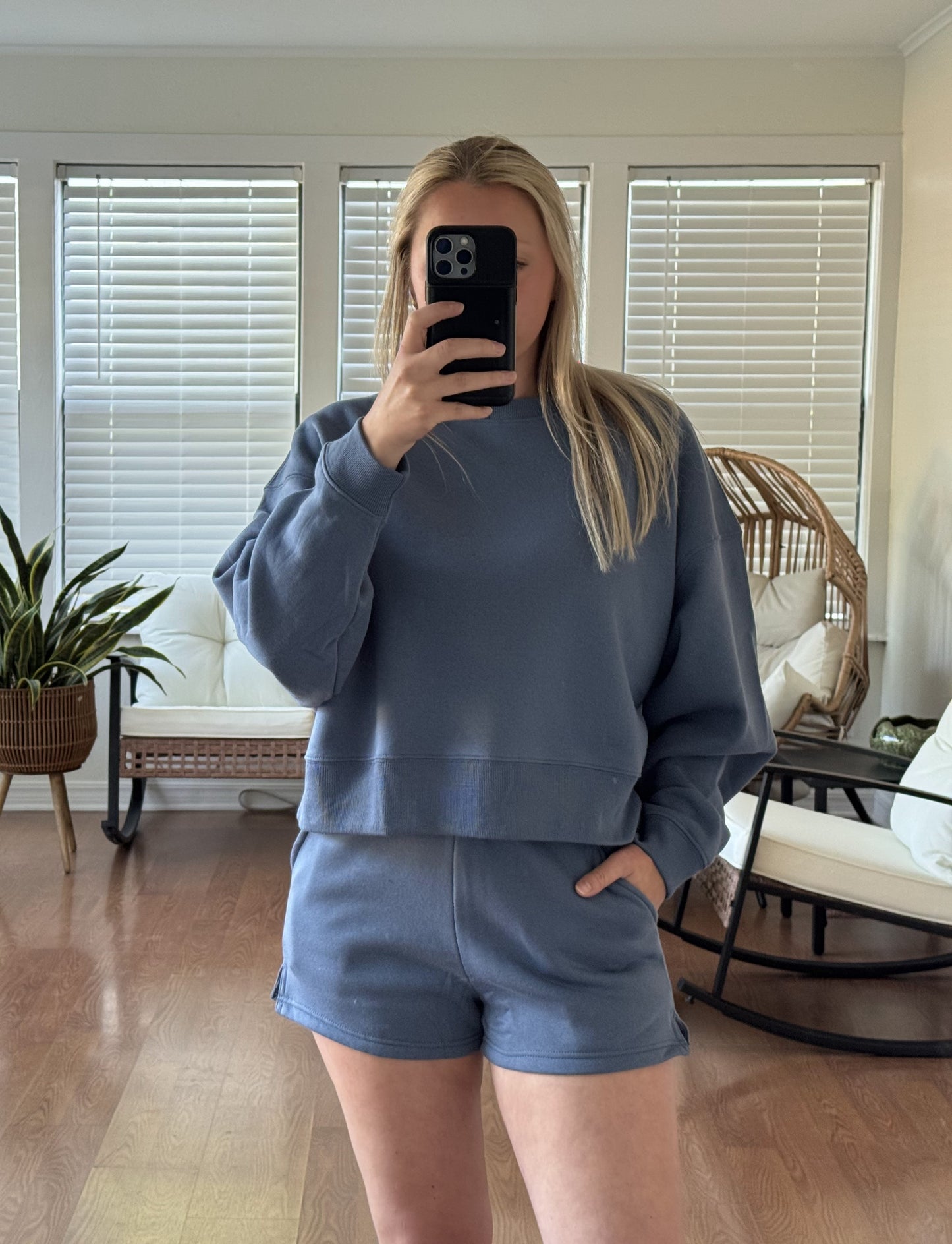 Fleece Long Sleeve Pullover & Shorts Set - Dusty Blue