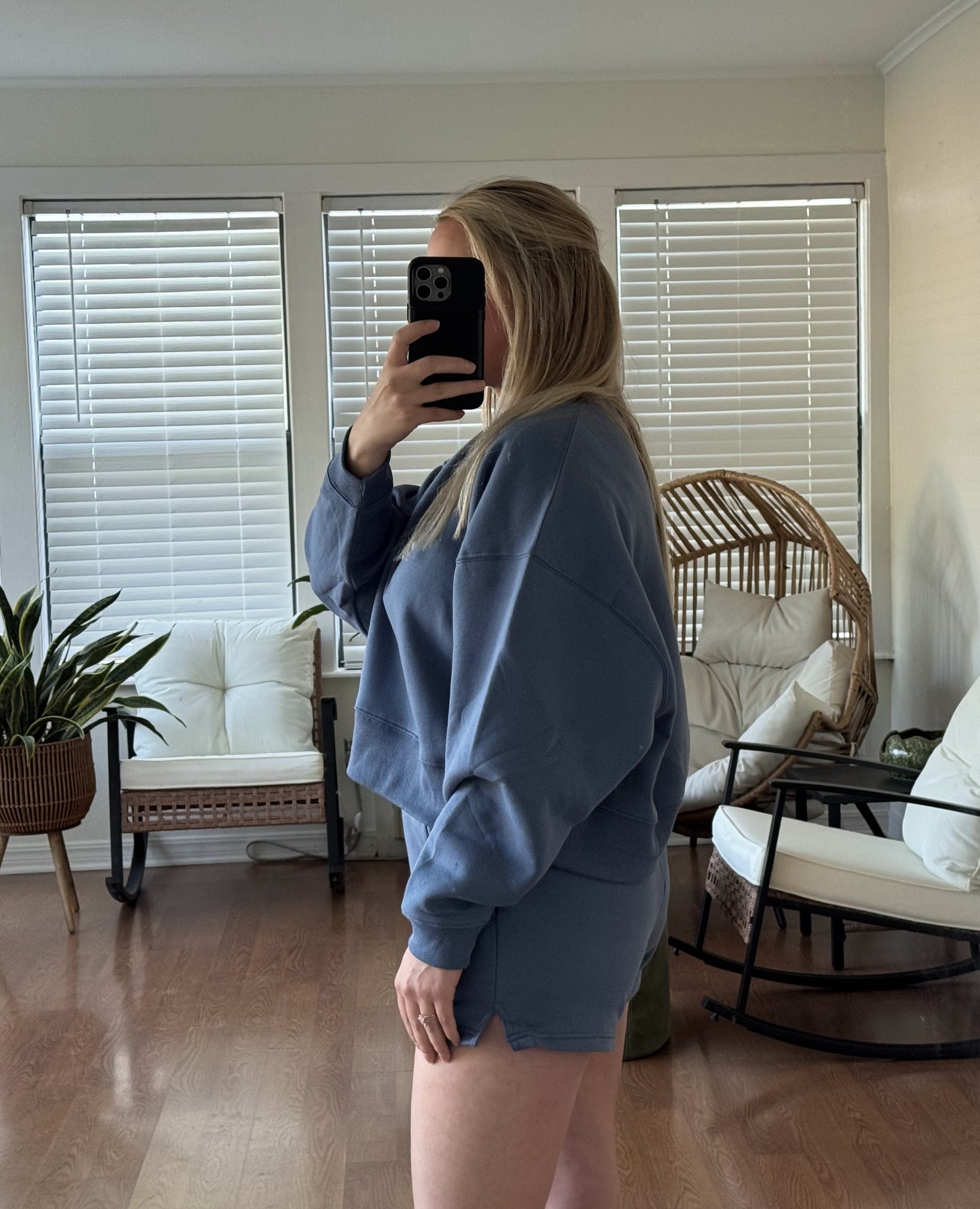 Fleece Long Sleeve Pullover & Shorts Set - Dusty Blue