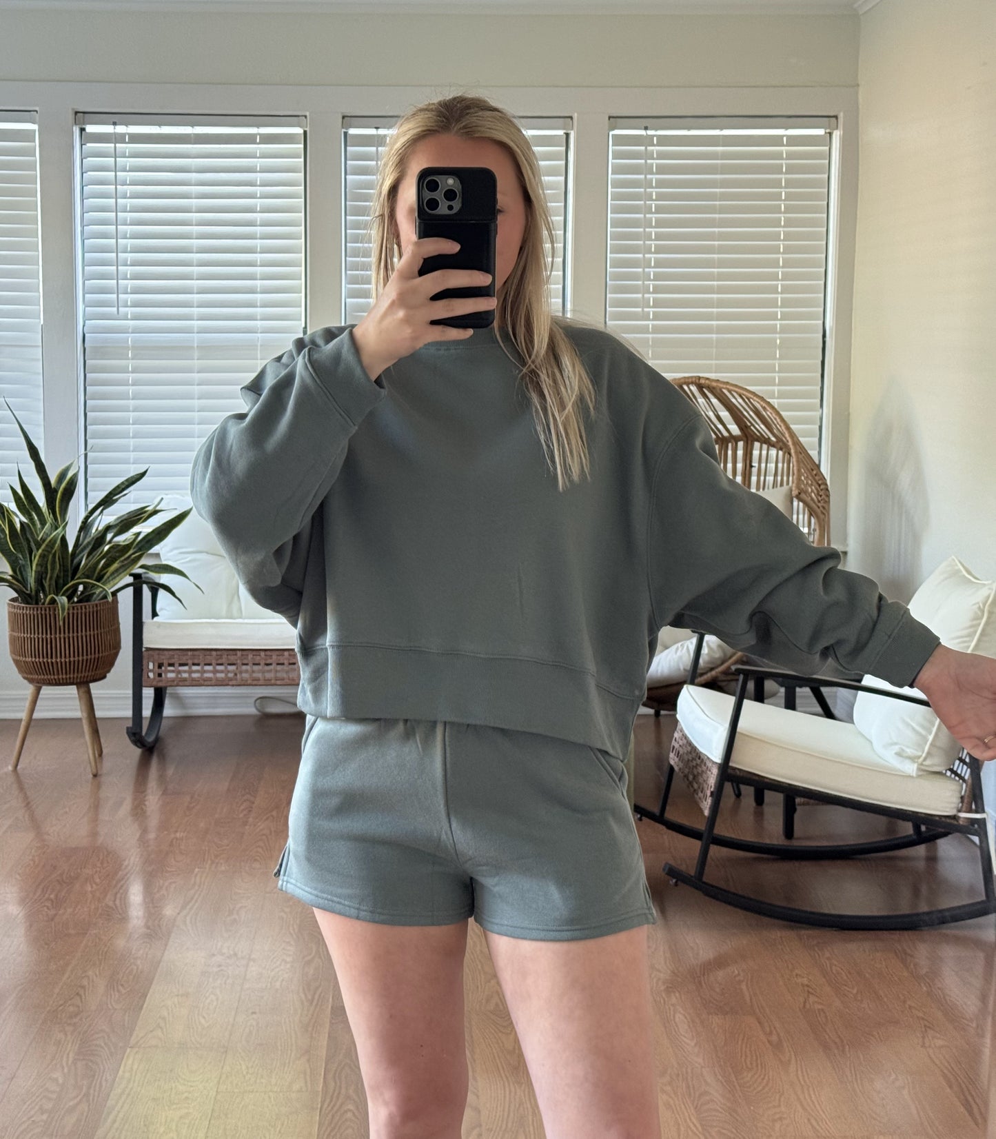 Fleece Long Sleeve Pullover & Shorts Set - Jade