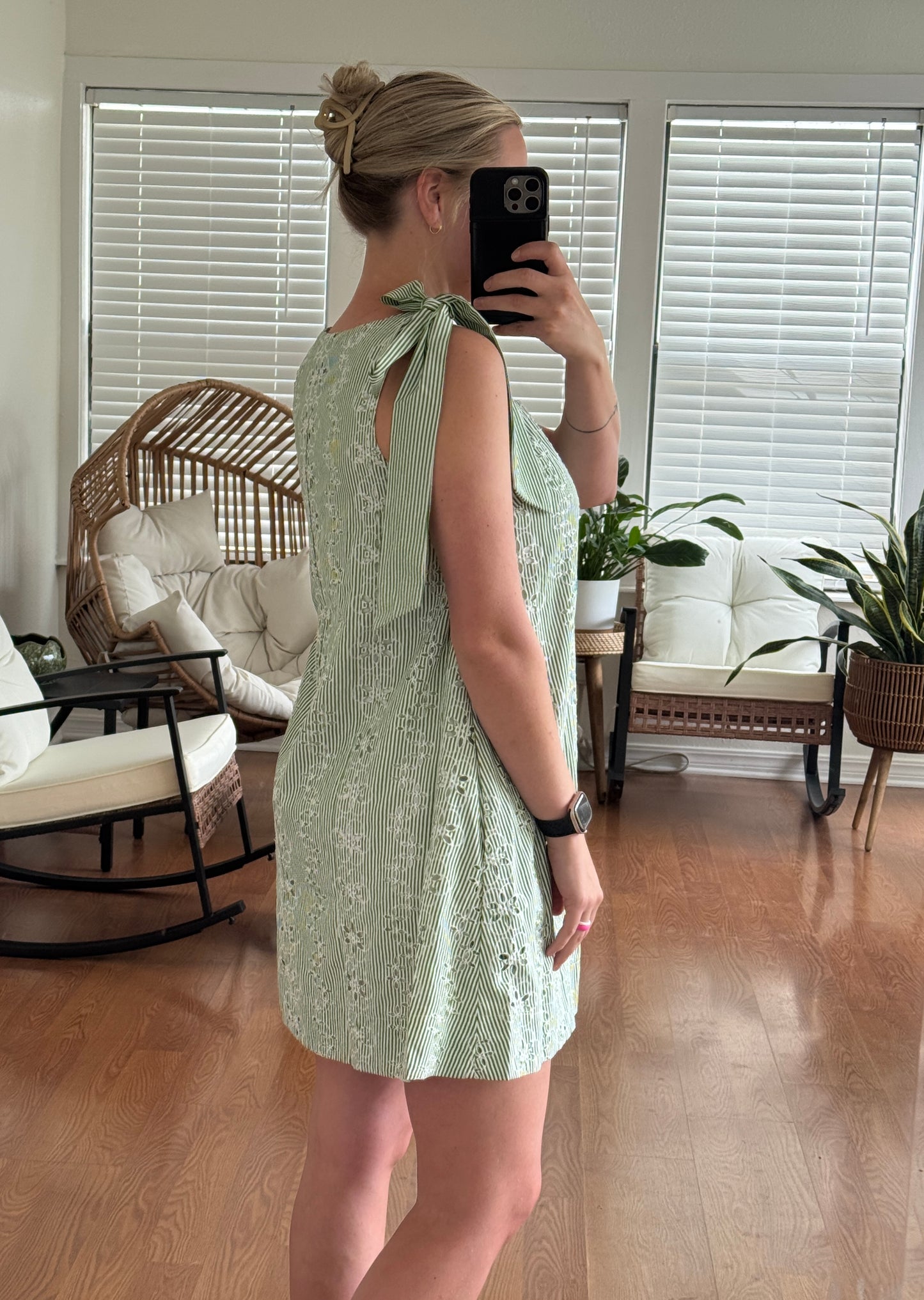 Striped Eyelet Detailed Mini Dress w/ Tie Shoulders - Green