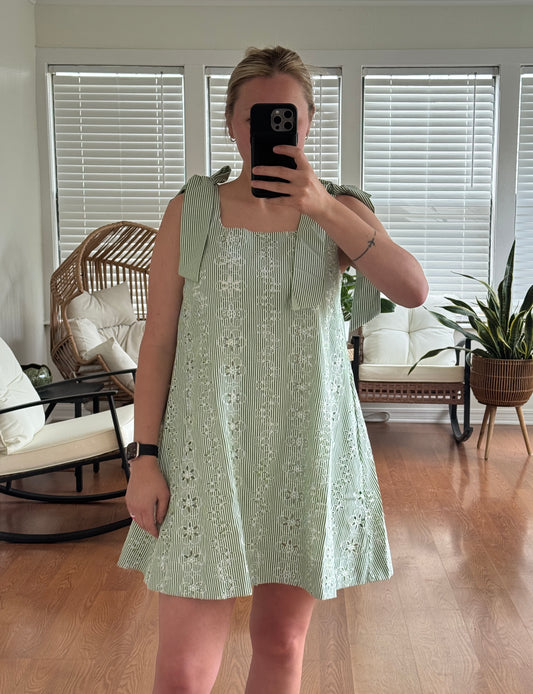 Striped Eyelet Detailed Mini Dress w/ Tie Shoulders - Green