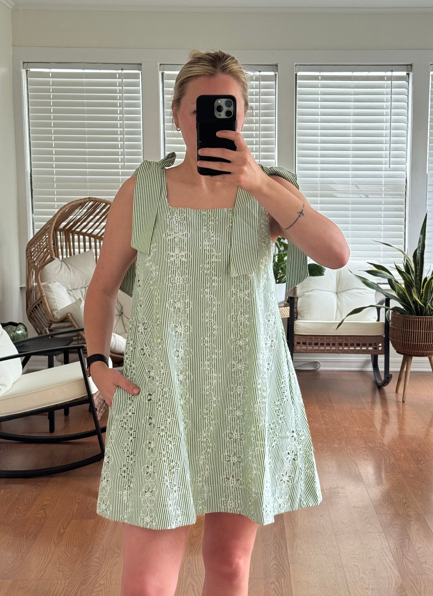Striped Eyelet Detailed Mini Dress w/ Tie Shoulders - Green